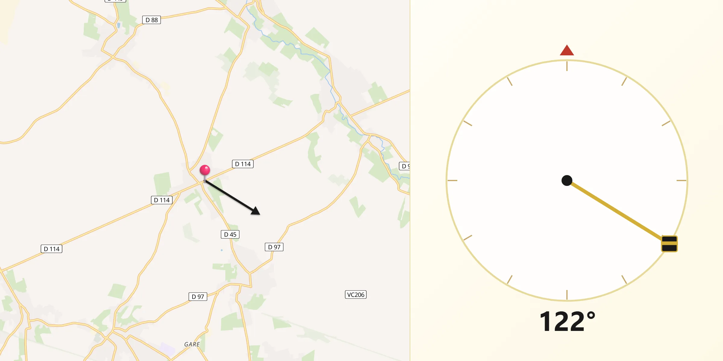 Direction vers la Qibla depuis Villers-en-Cauchies