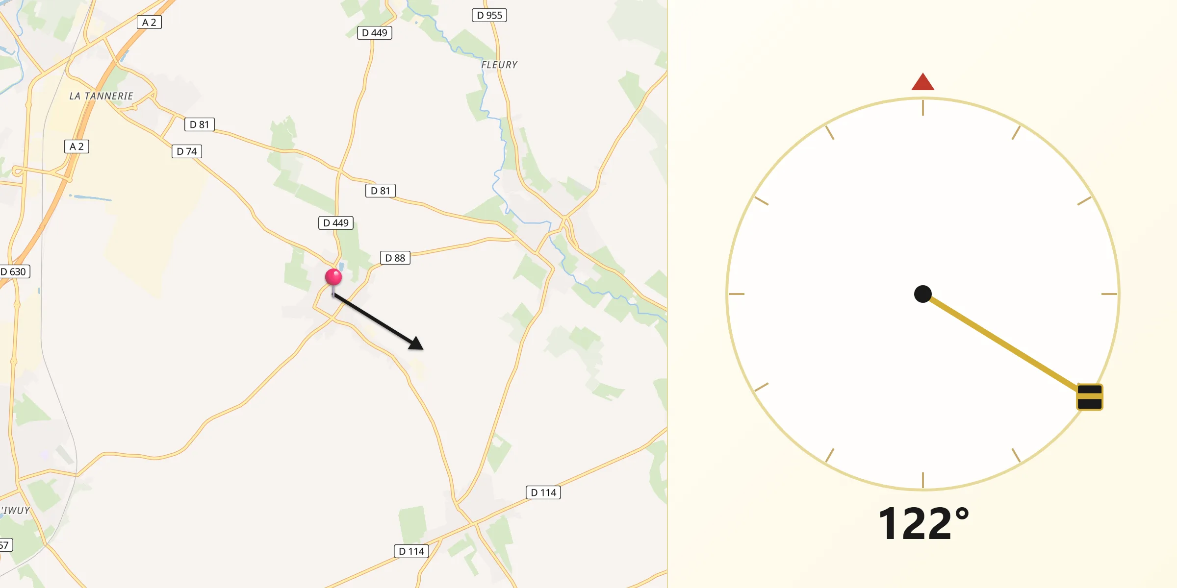 Direction vers la Qibla depuis Avesnes-le-Sec