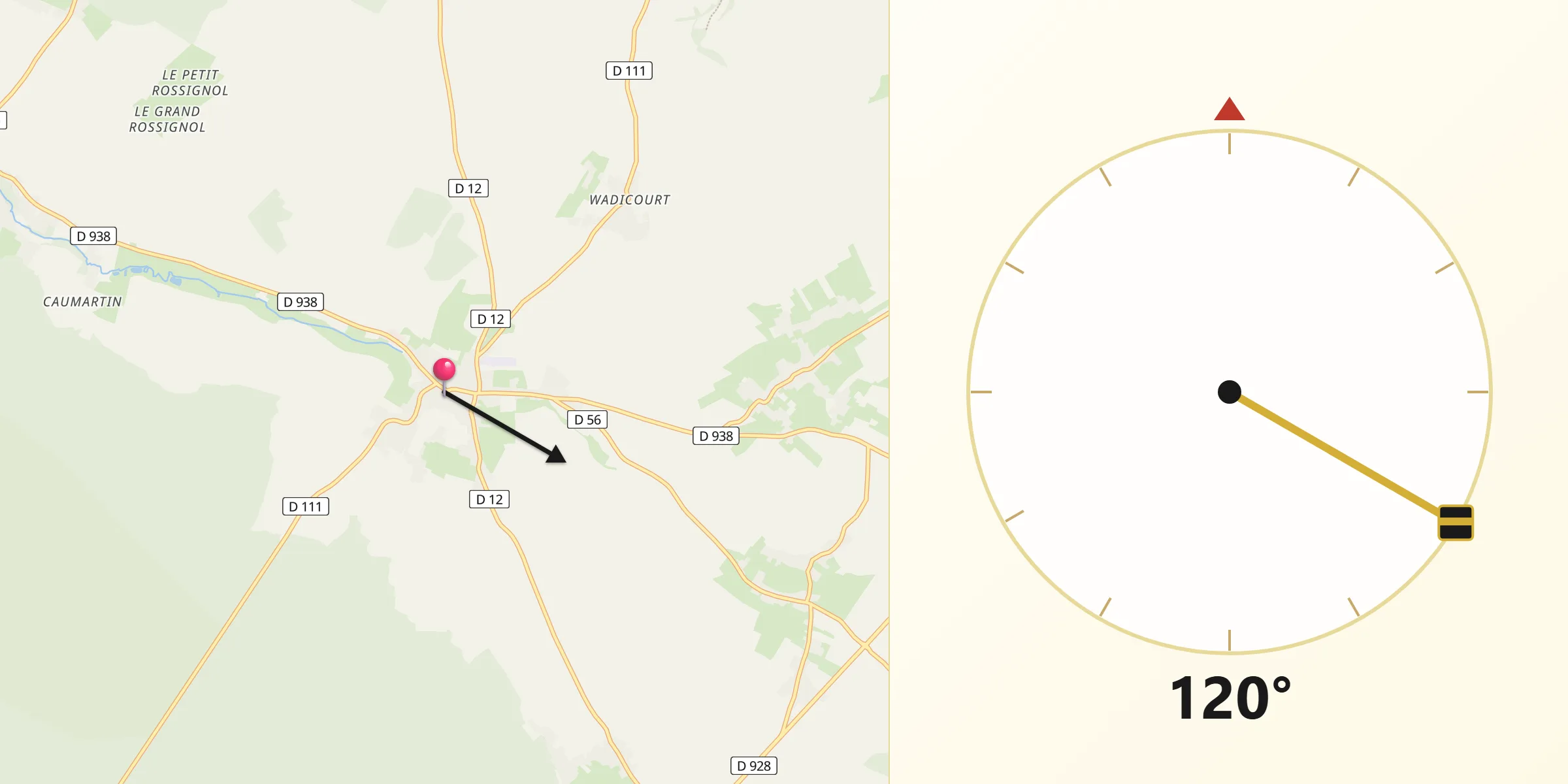Direction vers la Qibla depuis Crécy-en-Ponthieu