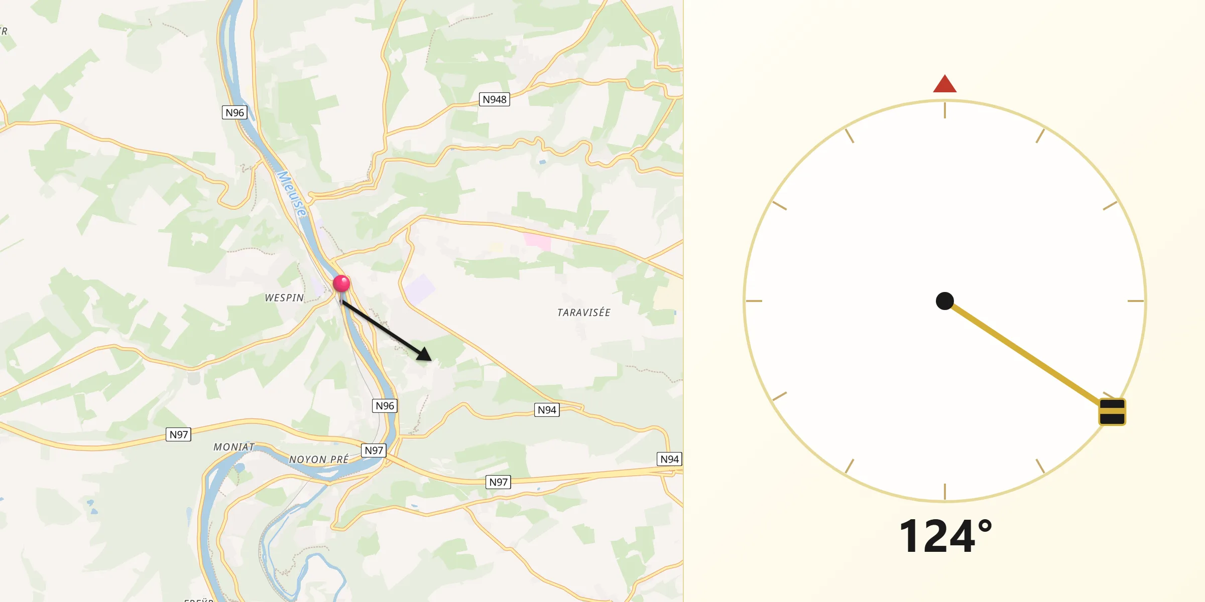 Direction vers la Qibla depuis Dinant