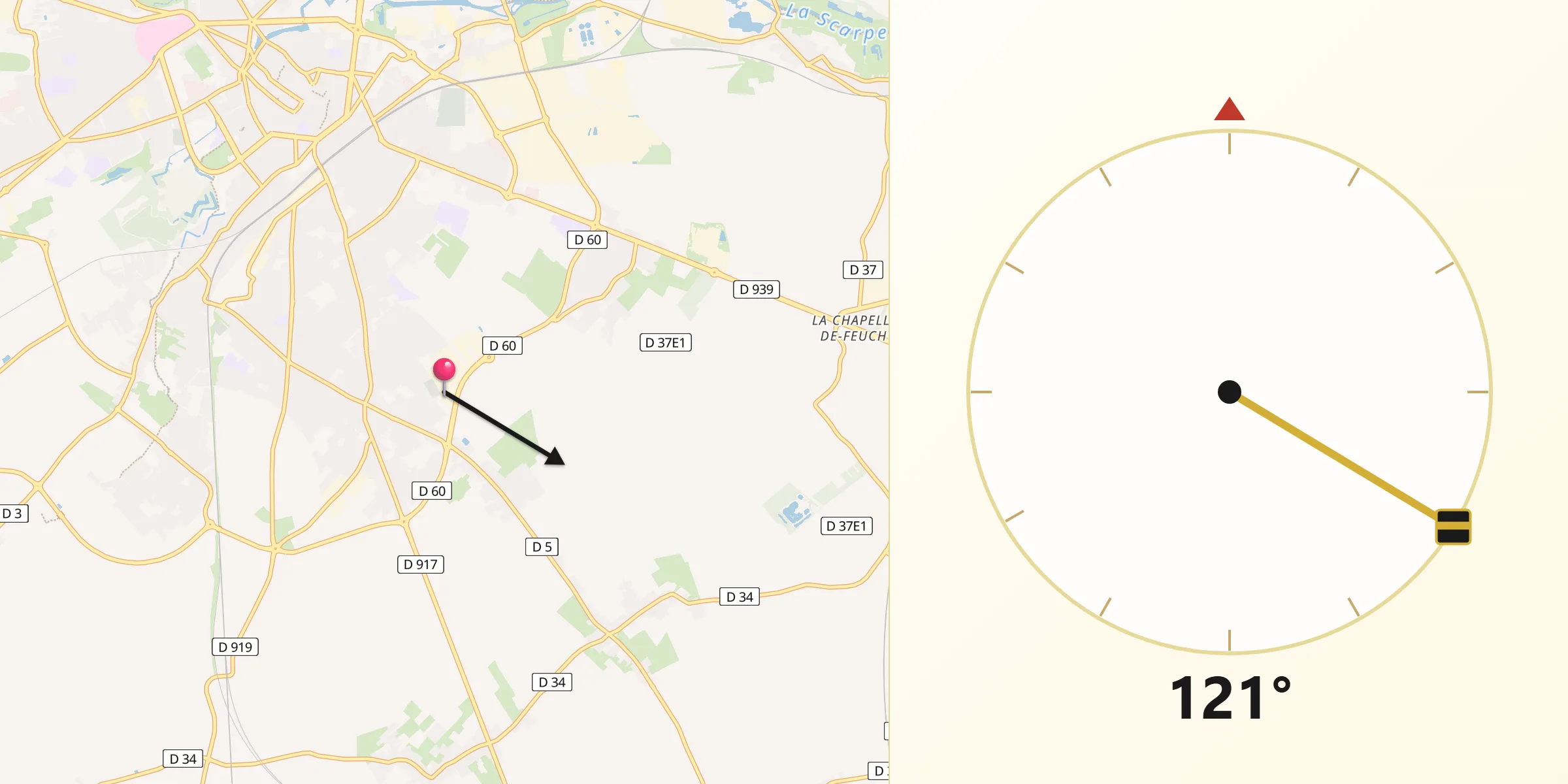 Direction vers la Qibla depuis Beaurains
