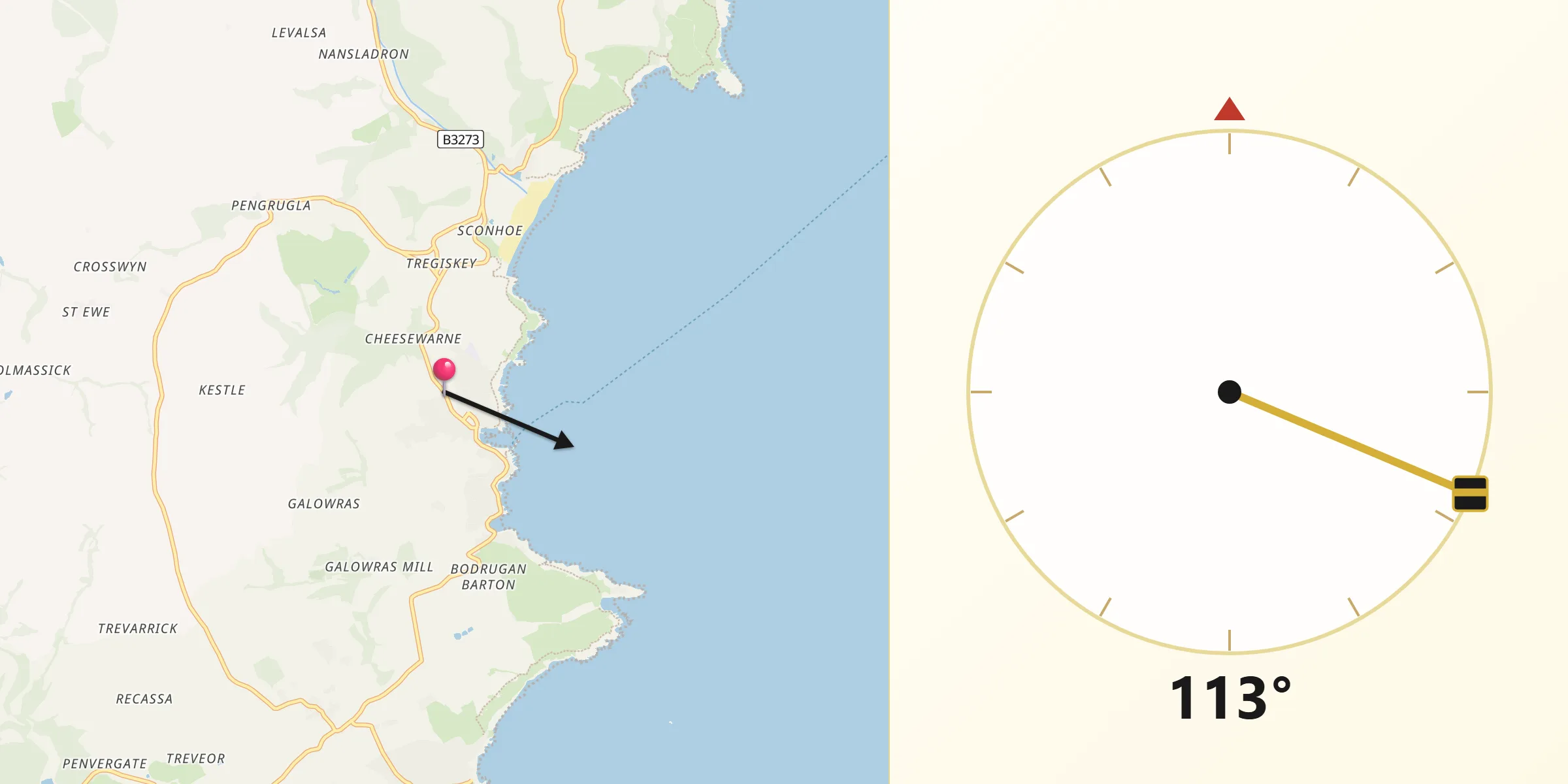 Qibla Direction from Mevagissey
