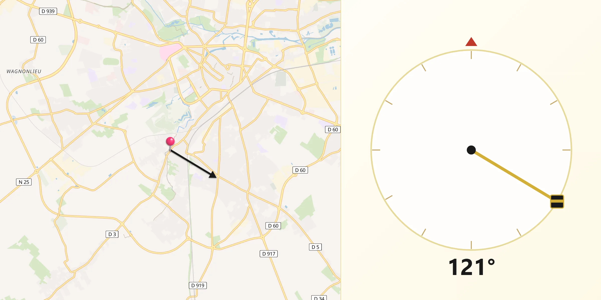 Direction vers la Qibla depuis Achicourt