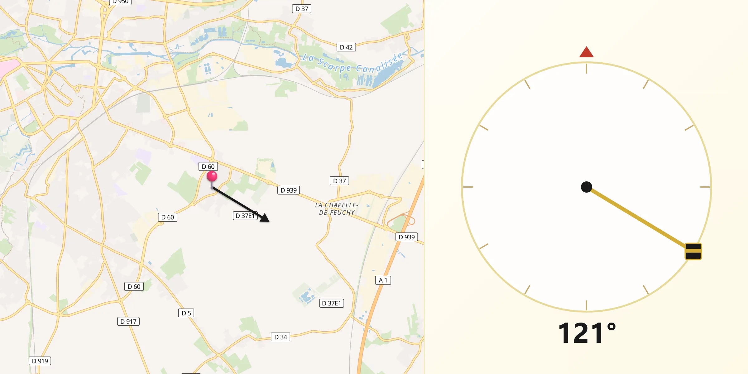 Direction vers la Qibla depuis Tilloy-lès-Mofflaines