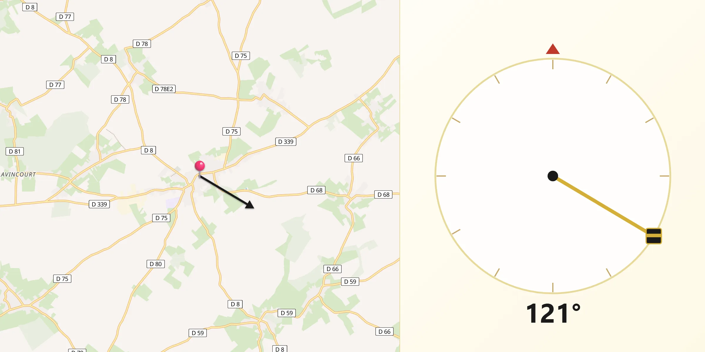 Direction vers la Qibla depuis Avesnes-le-Comte