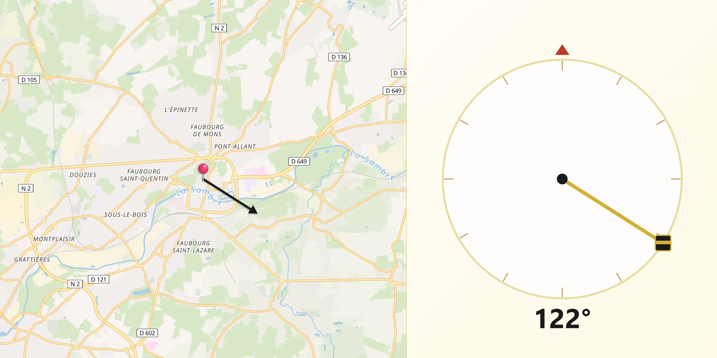Direction vers la Qibla depuis Maubeuge