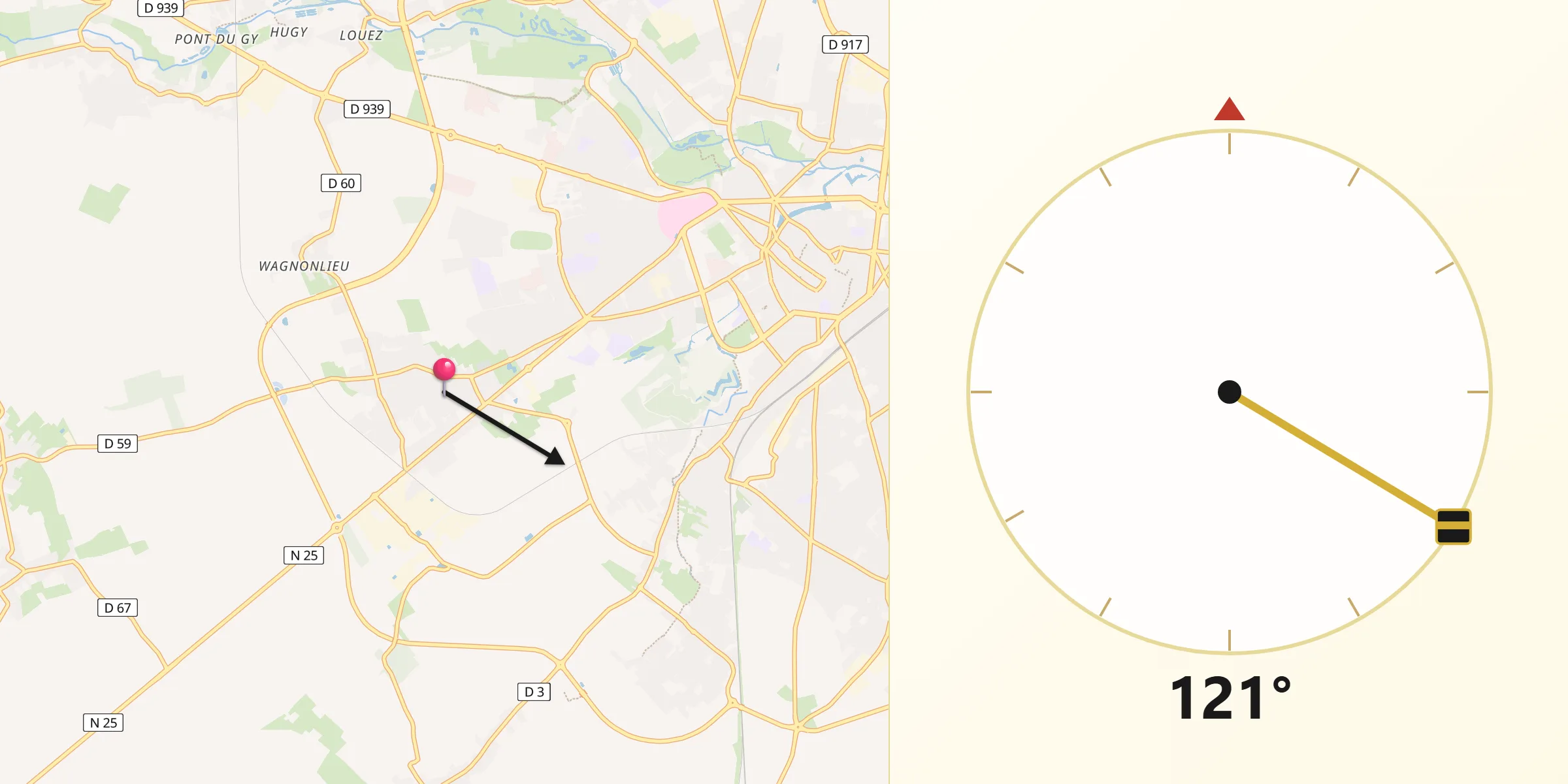 Direction vers la Qibla depuis Dainville