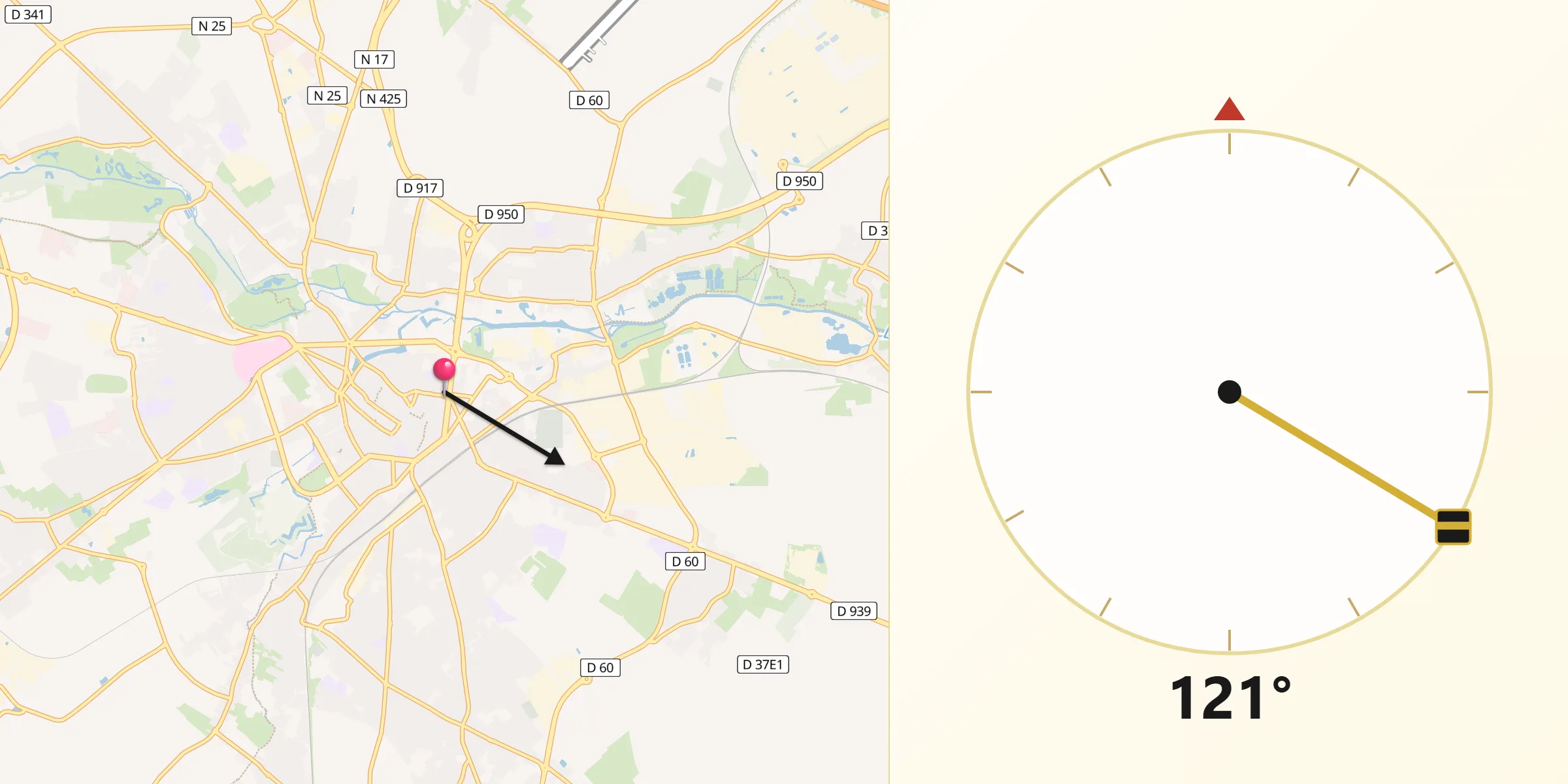 Direction vers la Qibla depuis Arras