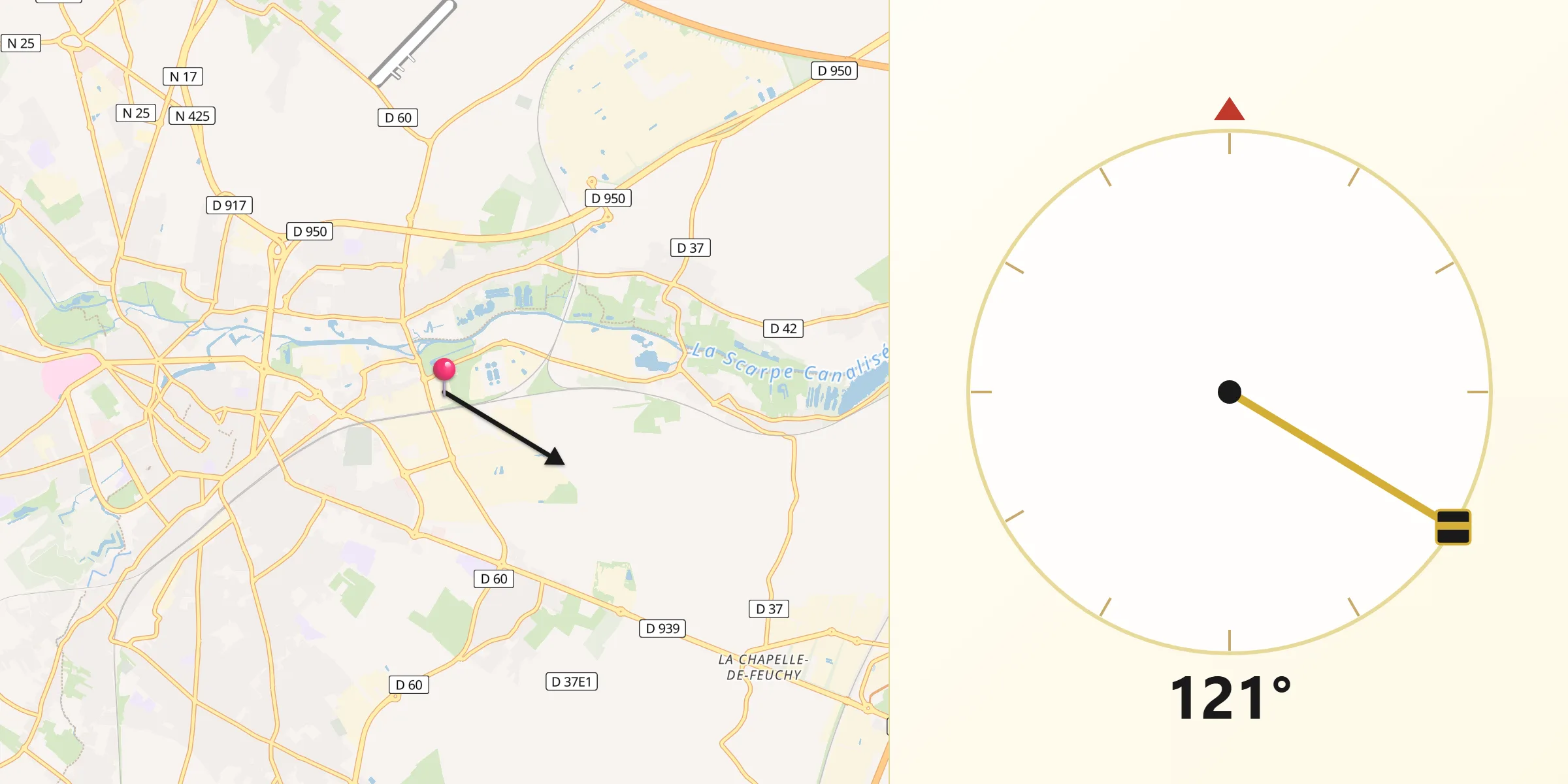 Direction vers la Qibla depuis Saint-Laurent-Blangy