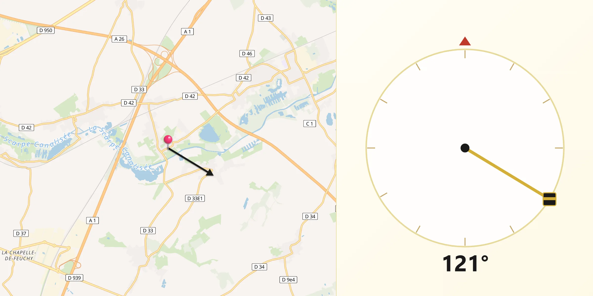 Direction vers la Qibla depuis Rœux