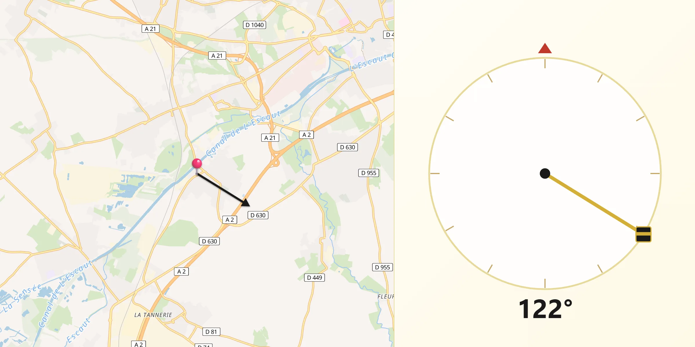 Direction vers la Qibla depuis Neuville-sur-Escaut