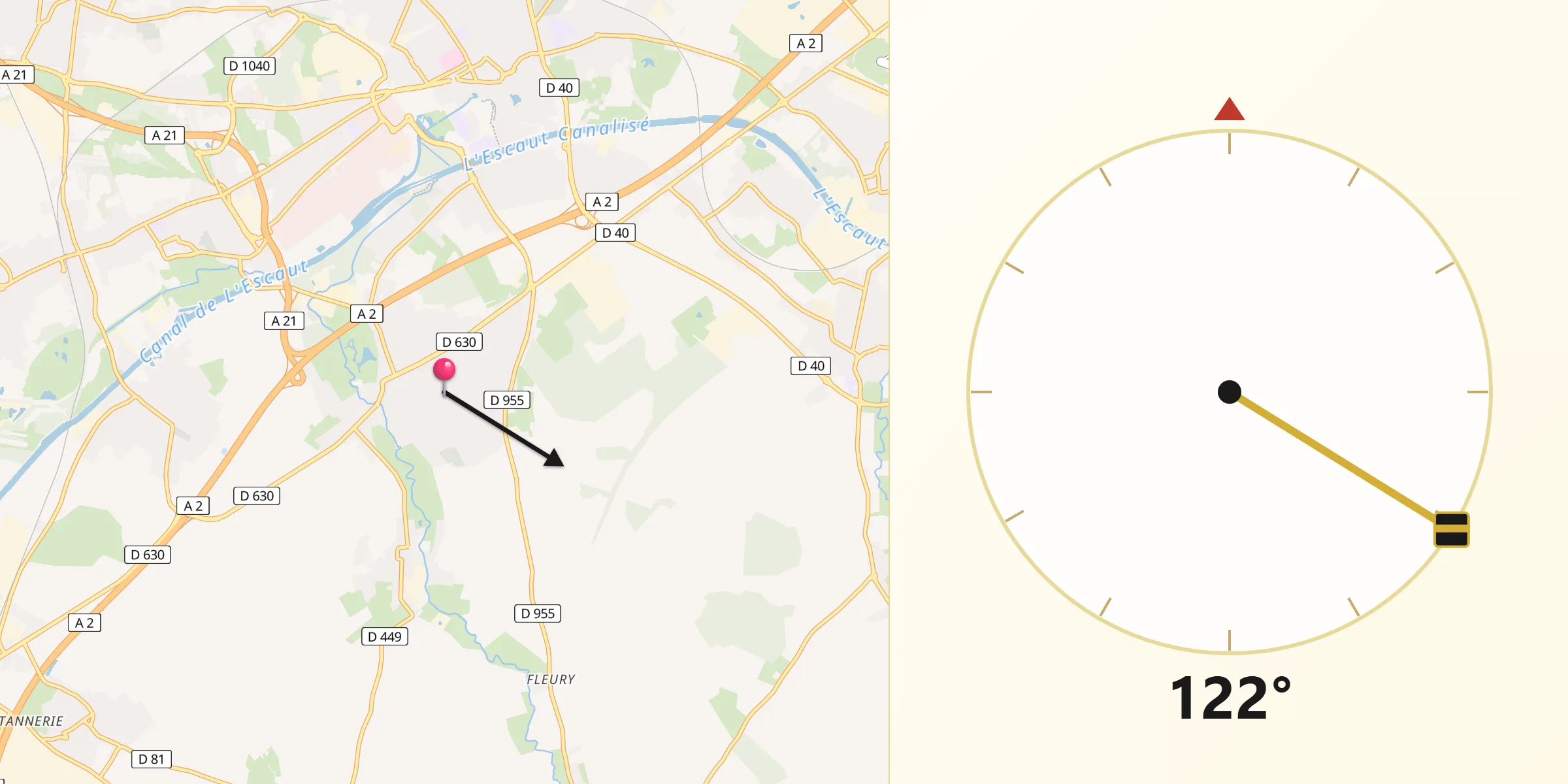 Direction vers la Qibla depuis Douchy-les-Mines