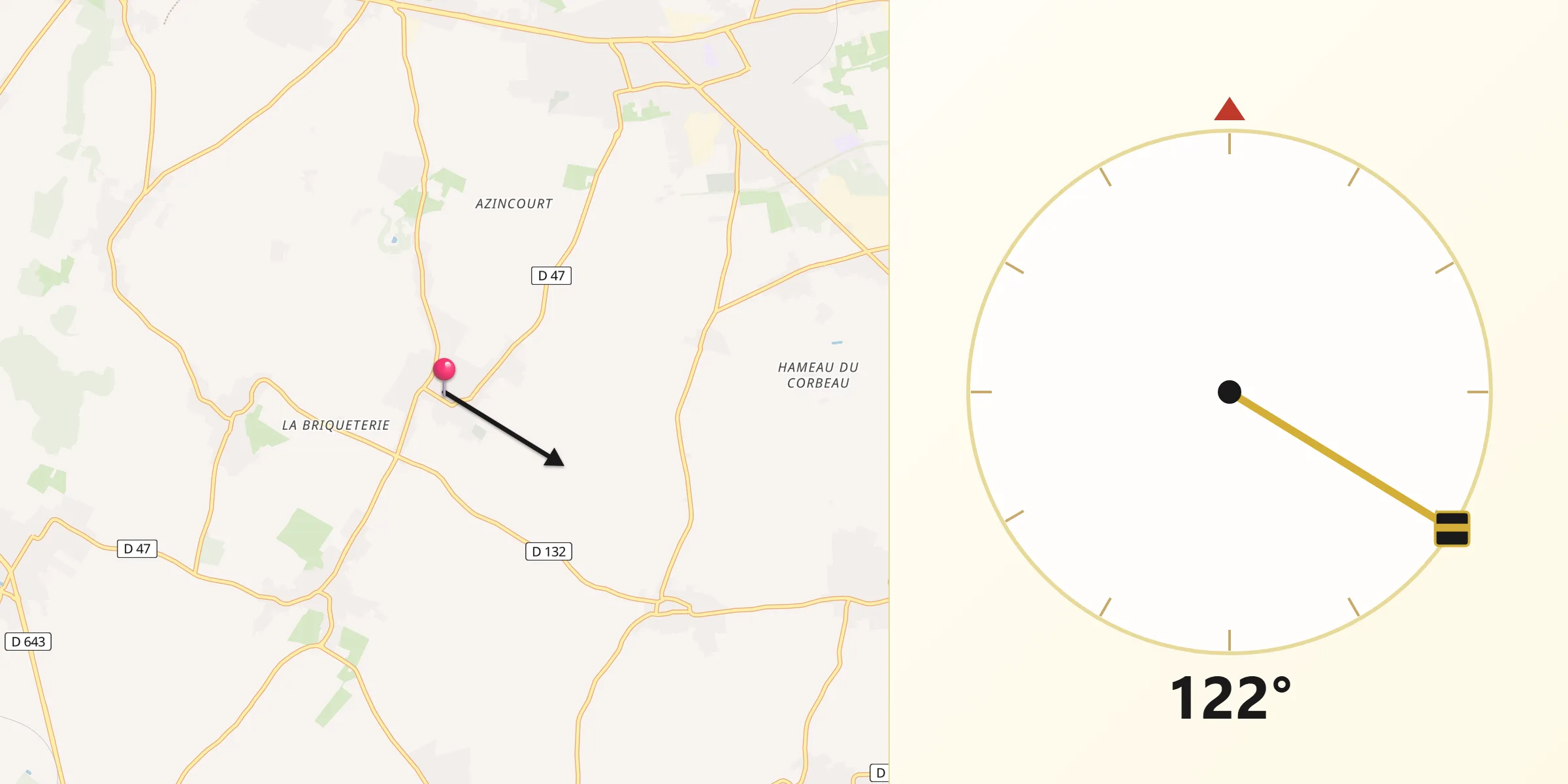 Direction vers la Qibla depuis Monchecourt