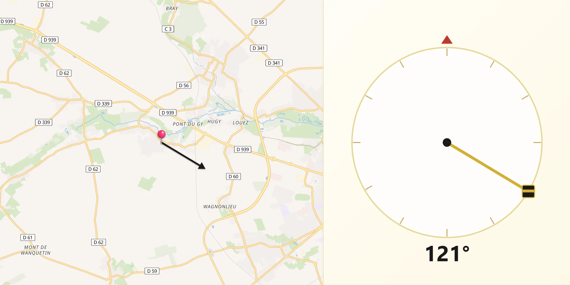 Direction vers la Qibla depuis Duisans