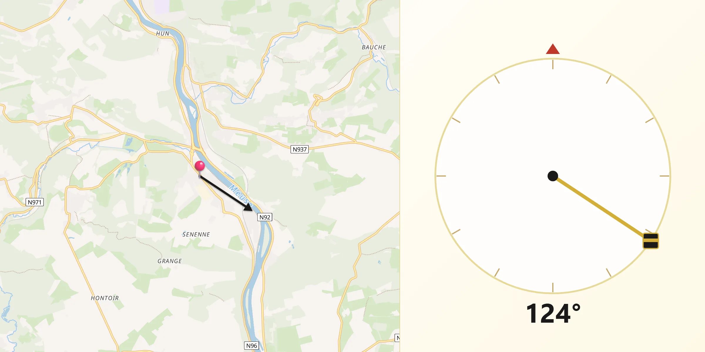 Direction vers la Qibla depuis Anhée