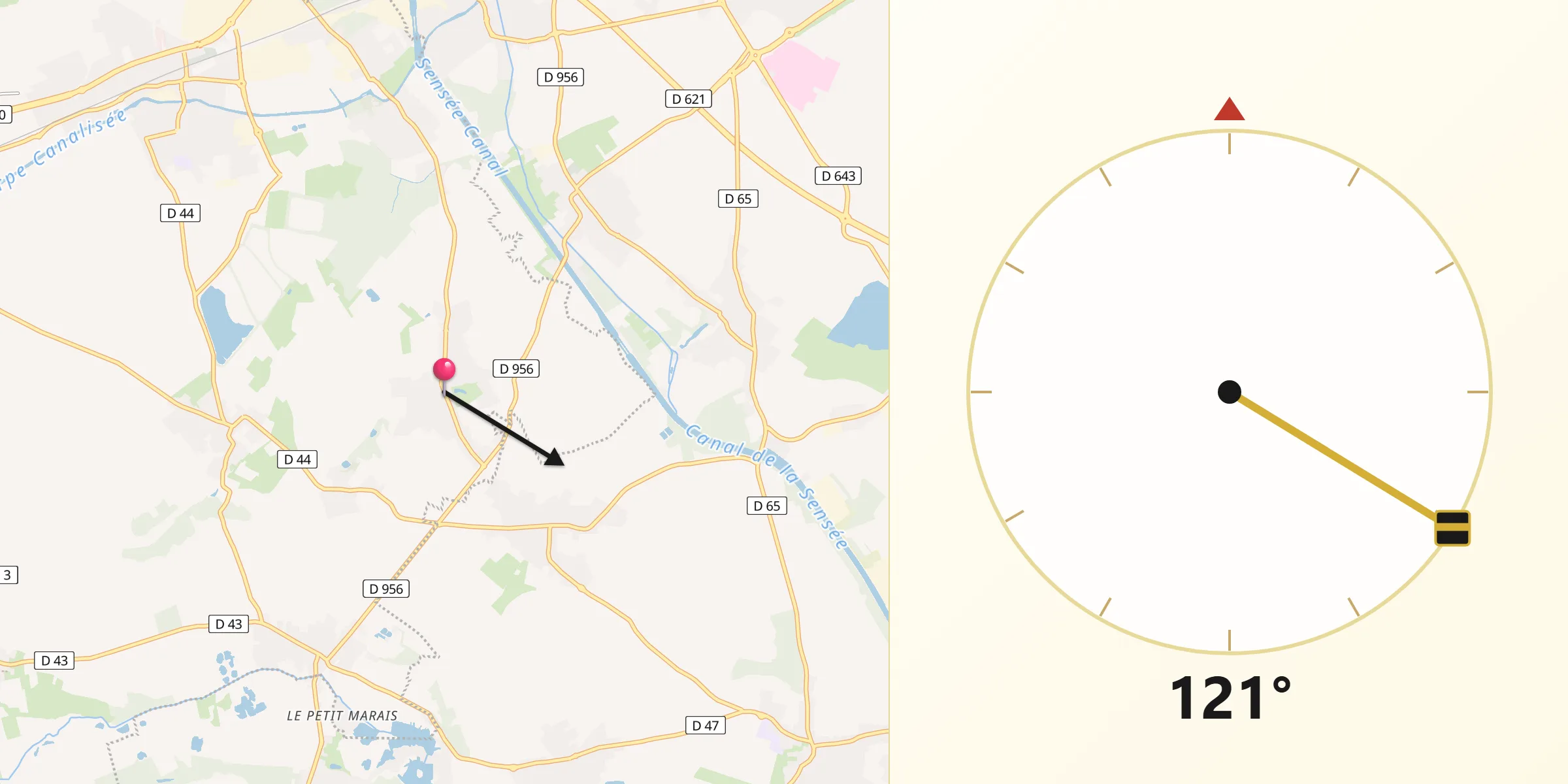 Direction vers la Qibla depuis Gouy-sous-Bellonne