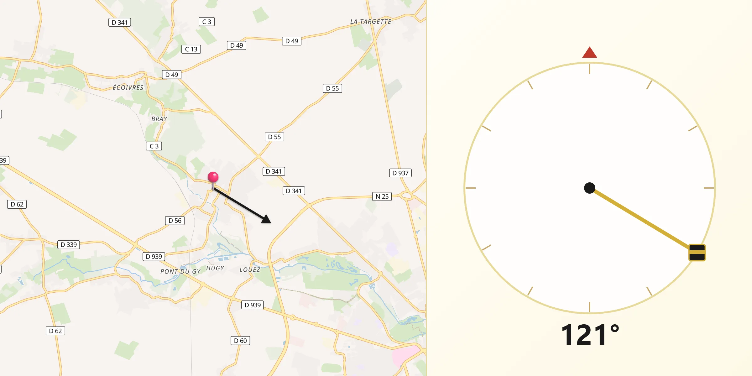 Direction vers la Qibla depuis Marœuil