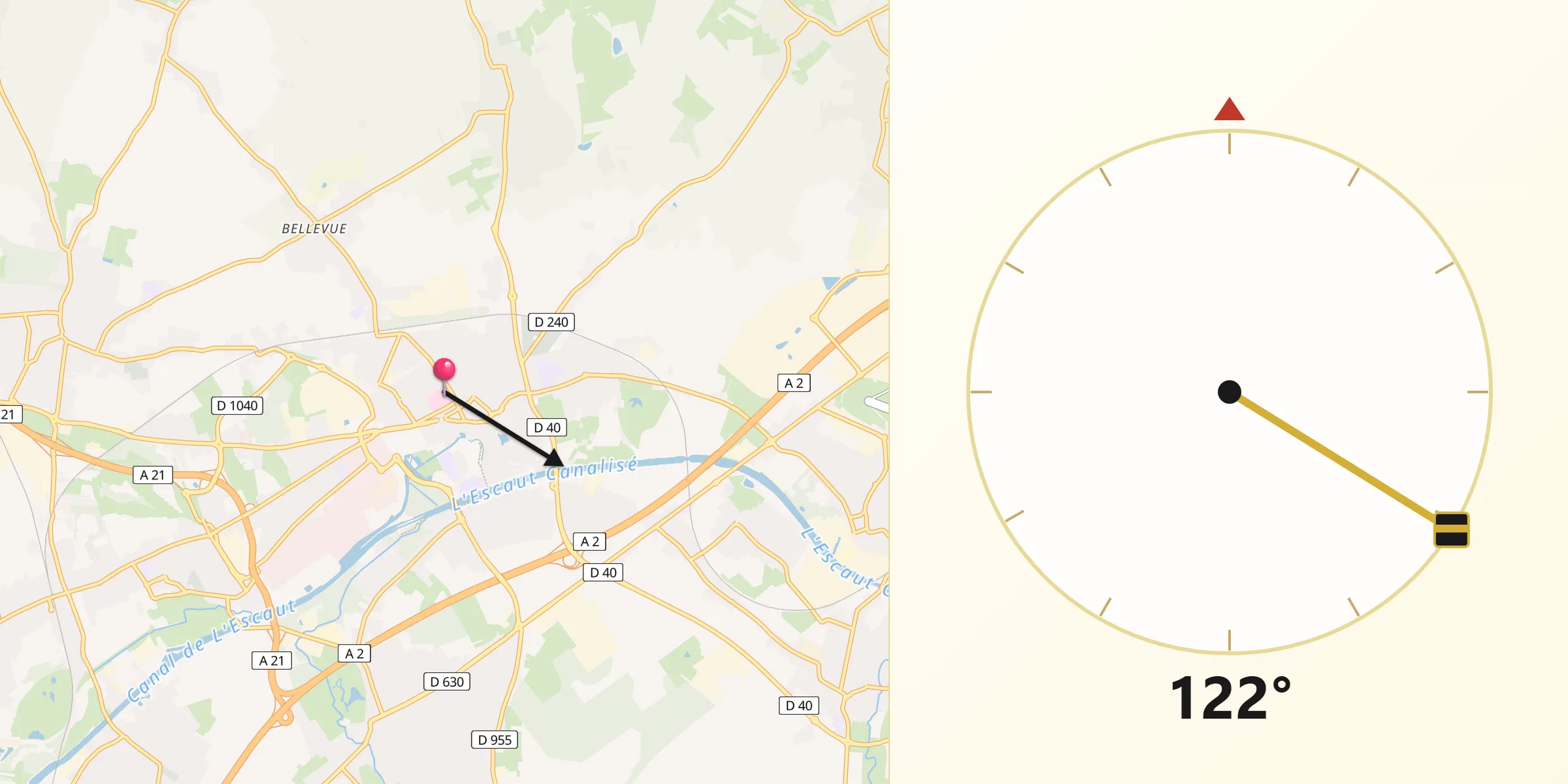 Direction vers la Qibla depuis Denain