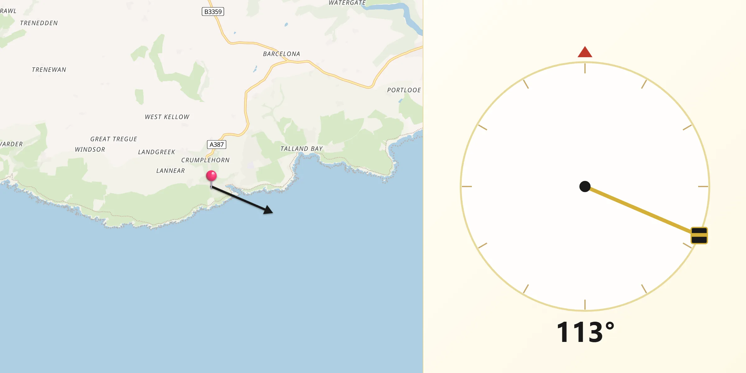 Qibla Direction from Polperro