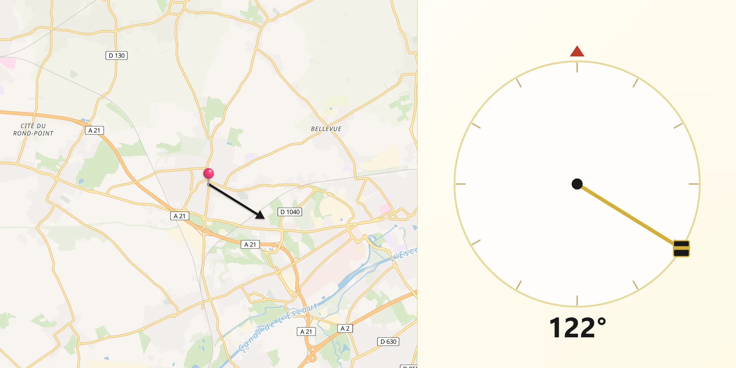 Direction vers la Qibla depuis Escaudain