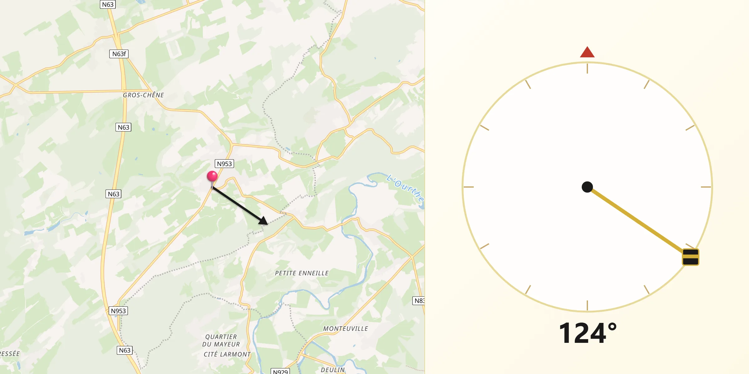 Direction vers la Qibla depuis Somme-Leuze