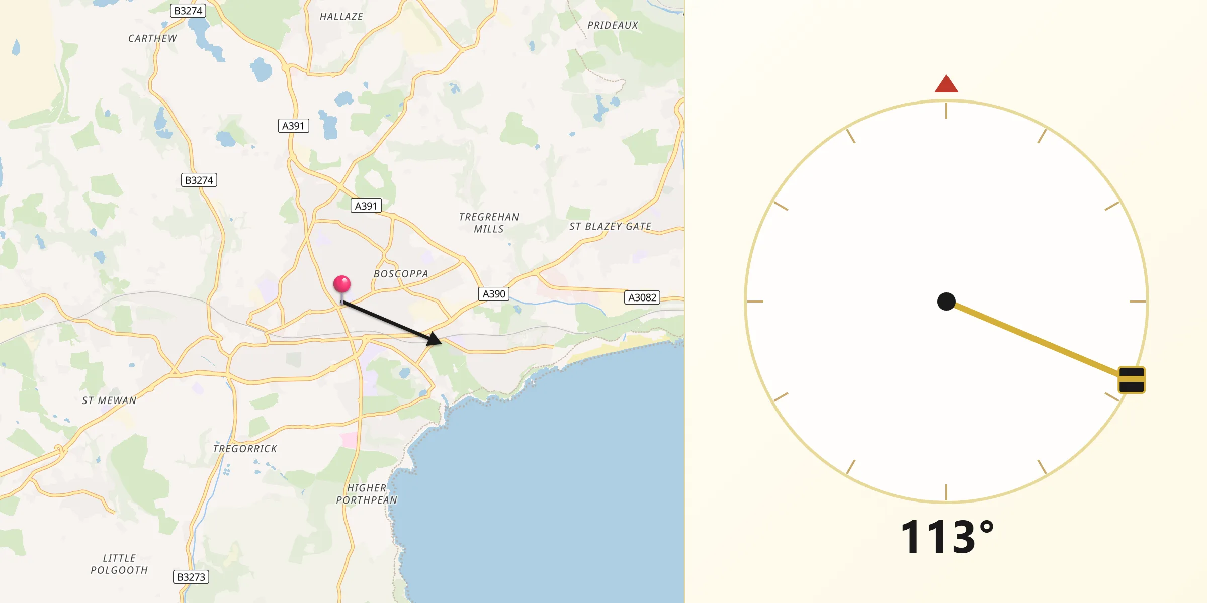 Qibla Direction from St Austell