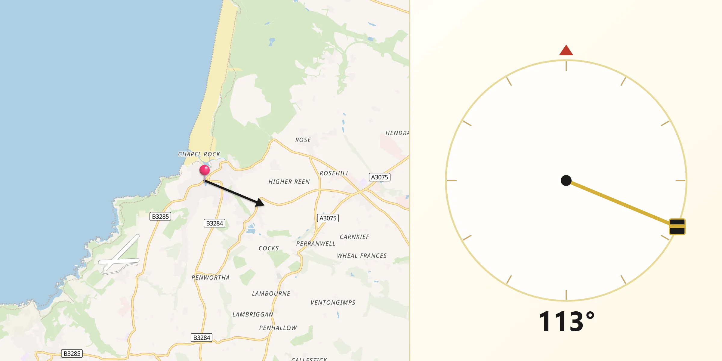 Qibla Direction from Perranporth