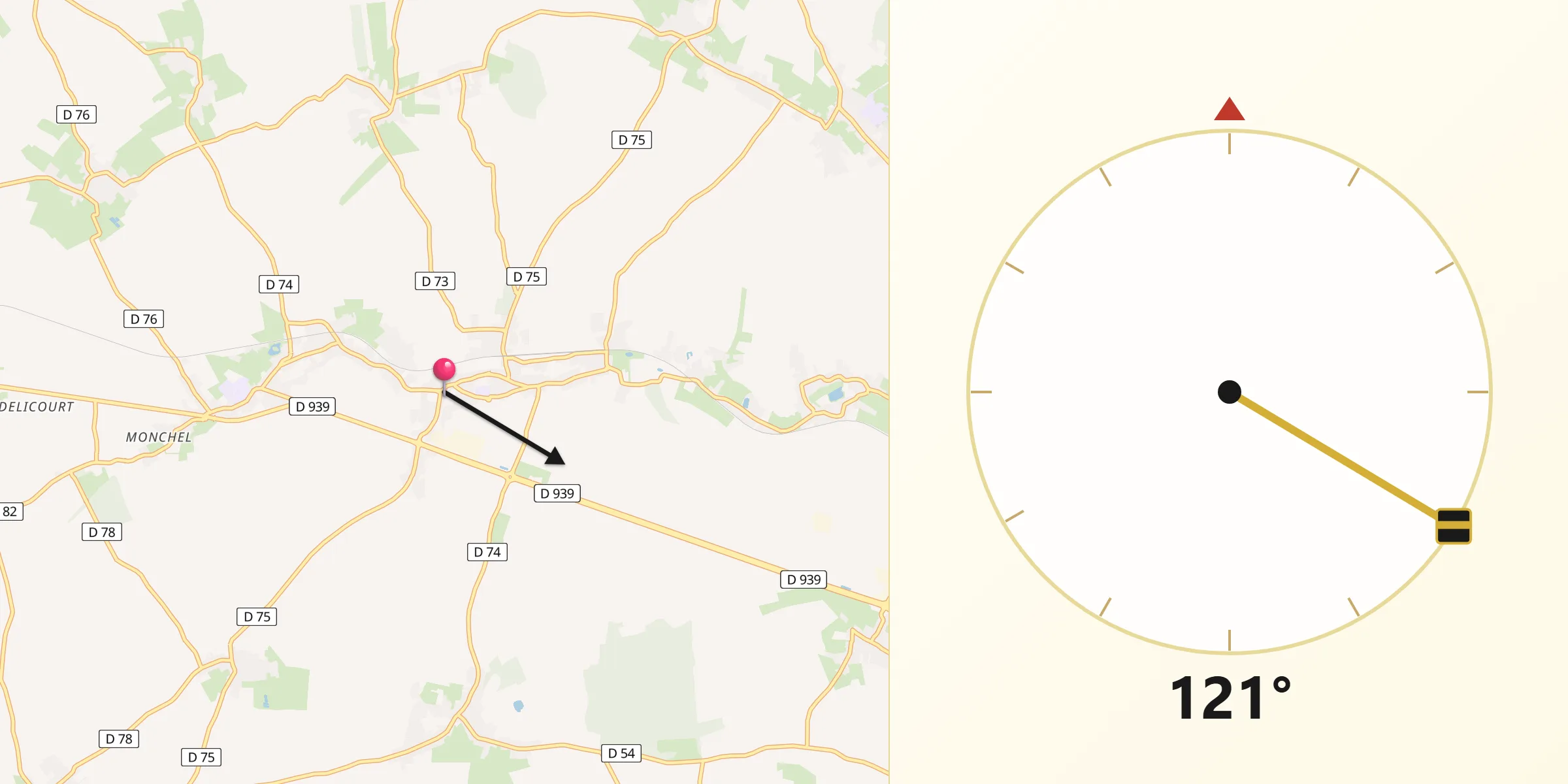 Direction vers la Qibla depuis Aubigny-en-Artois
