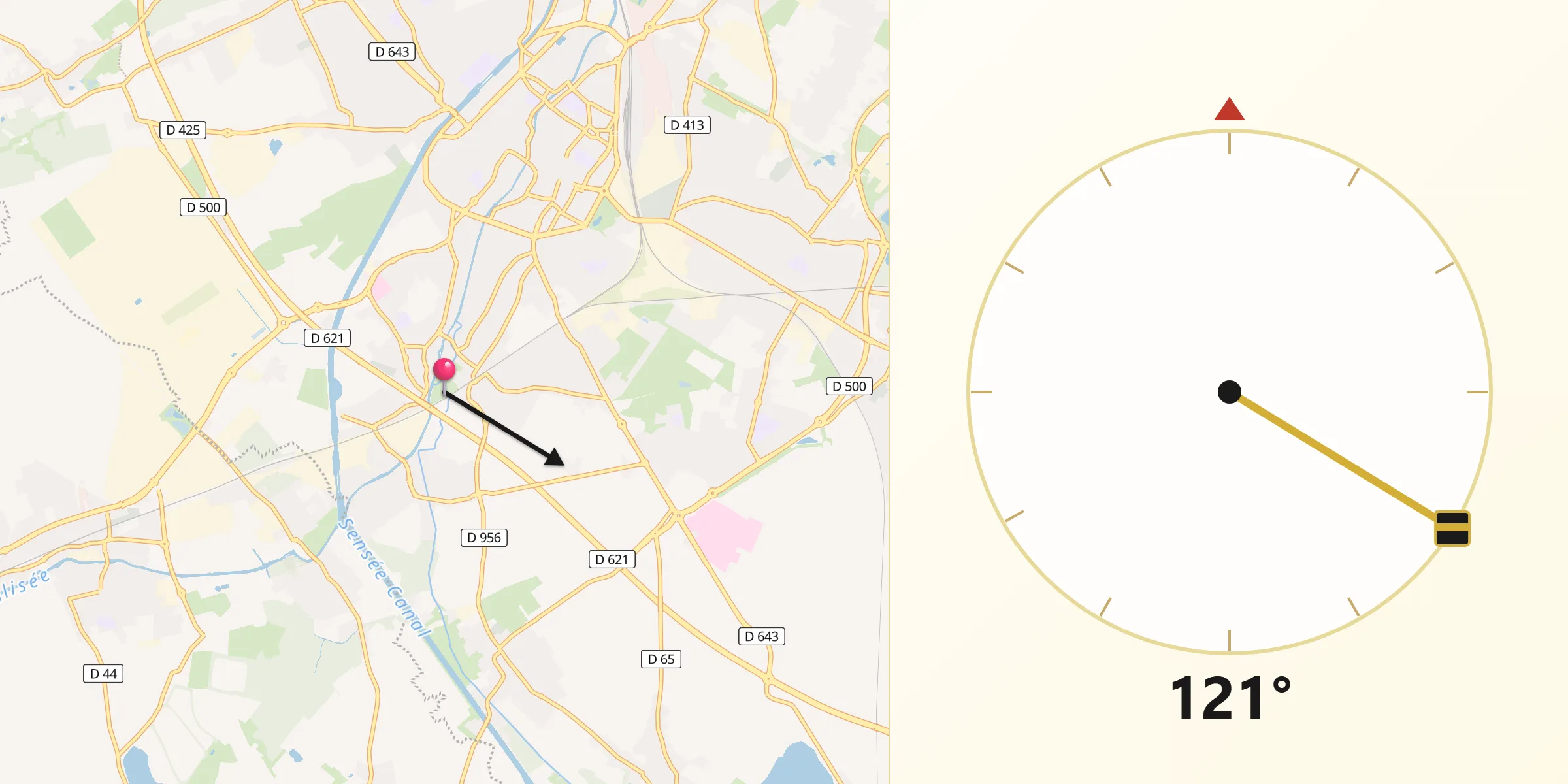 Direction vers la Qibla depuis Lambres-lez-Douai