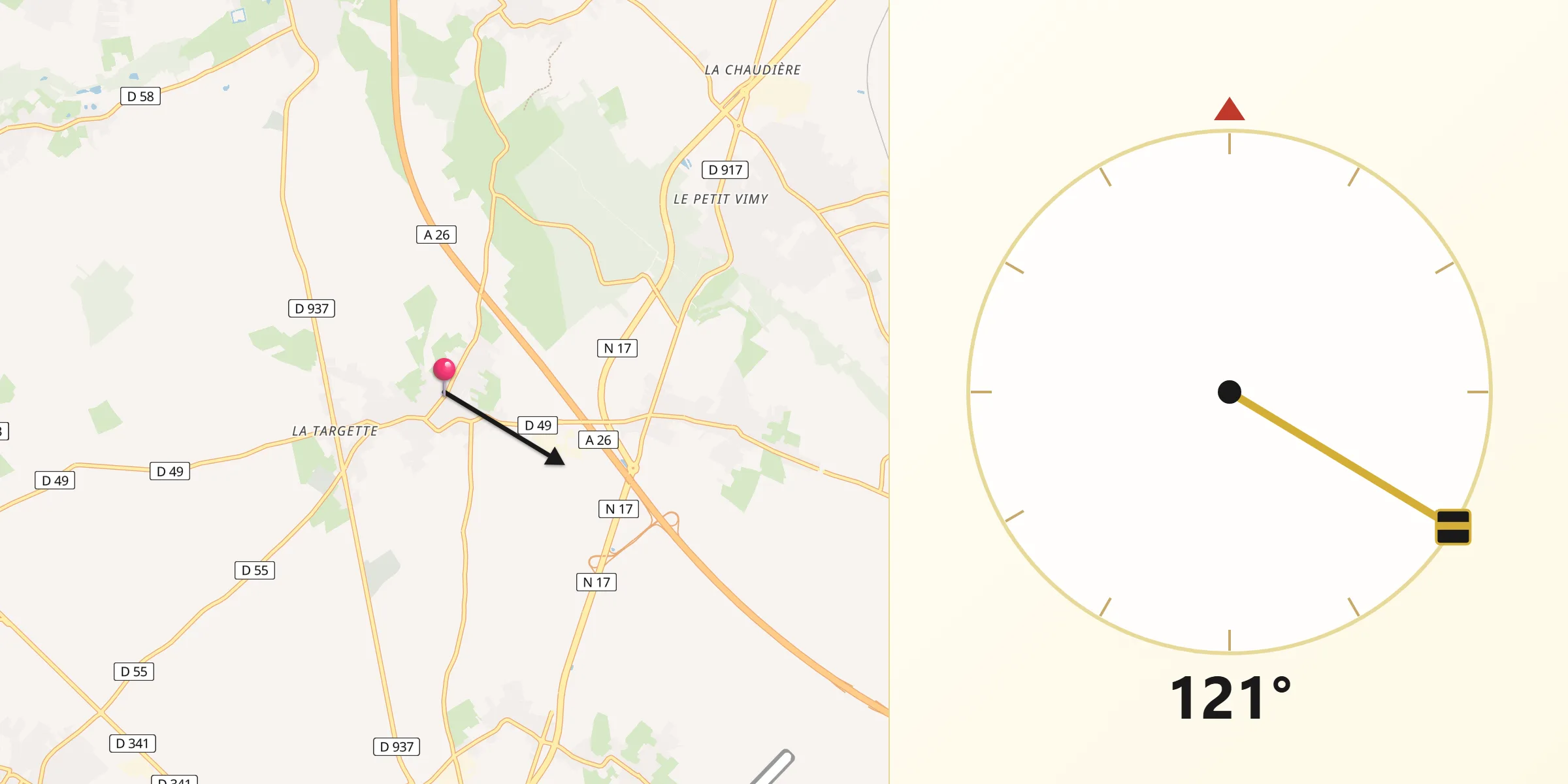 Direction vers la Qibla depuis Neuville-Saint-Vaast