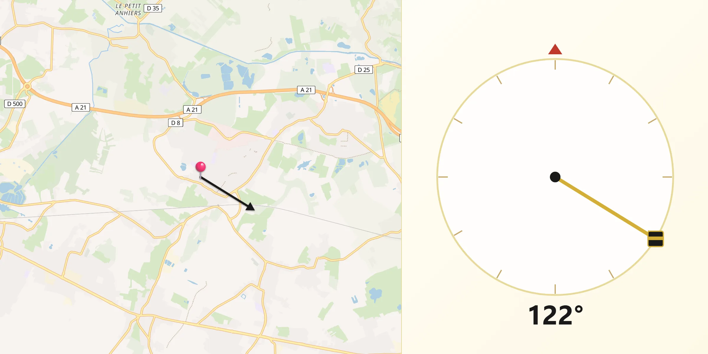 Direction vers la Qibla depuis Montigny-en-Ostrevent