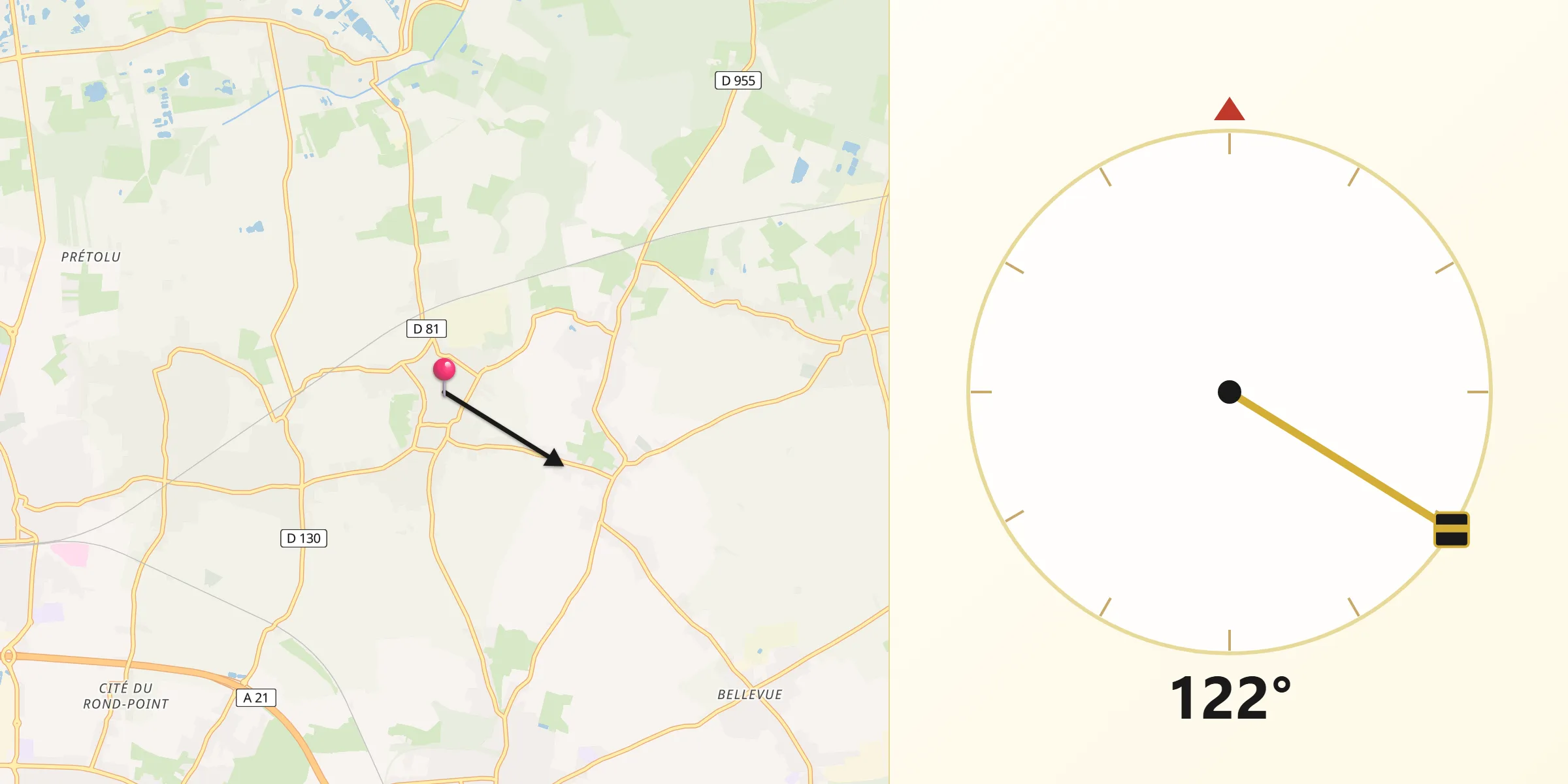 Direction vers la Qibla depuis Hornaing