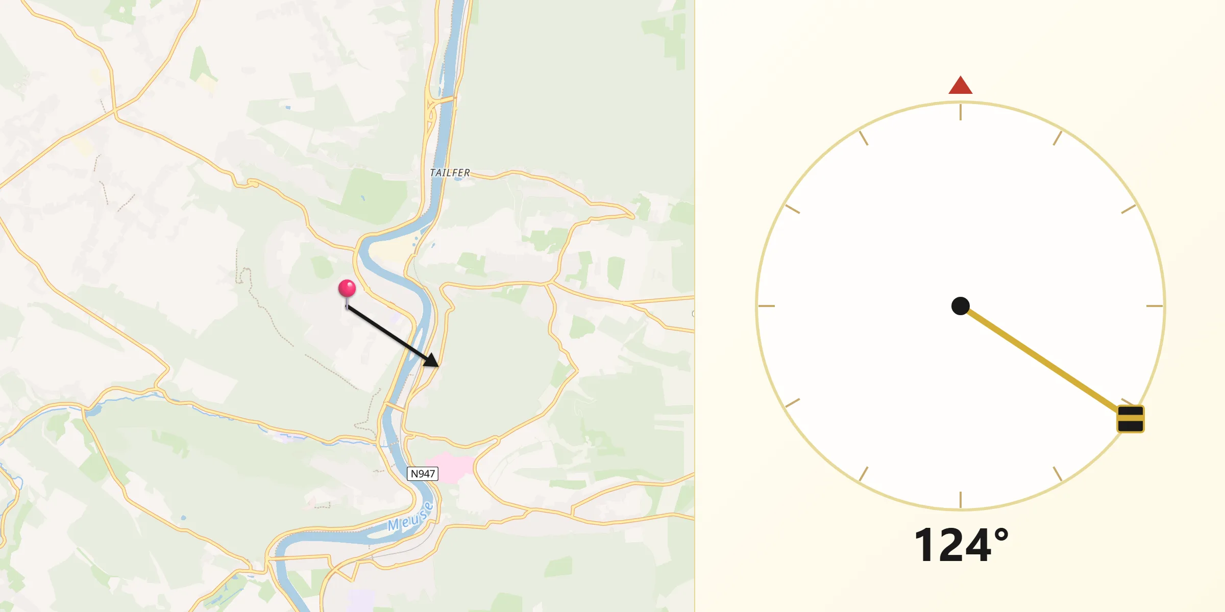 Direction vers la Qibla depuis Profondeville