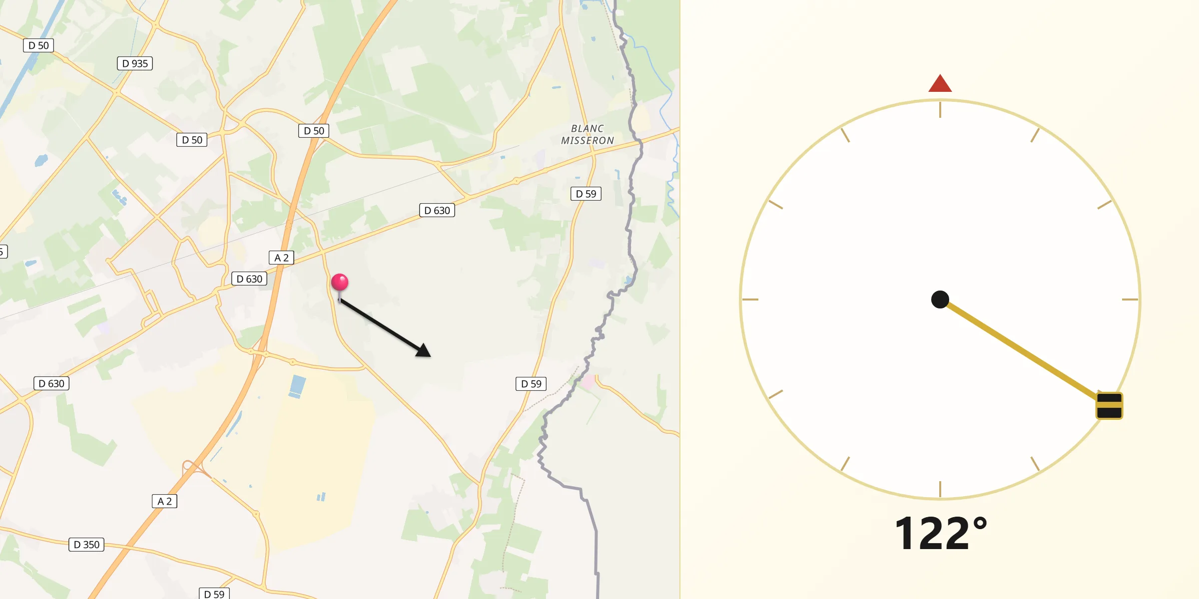 Direction vers la Qibla depuis Quarouble