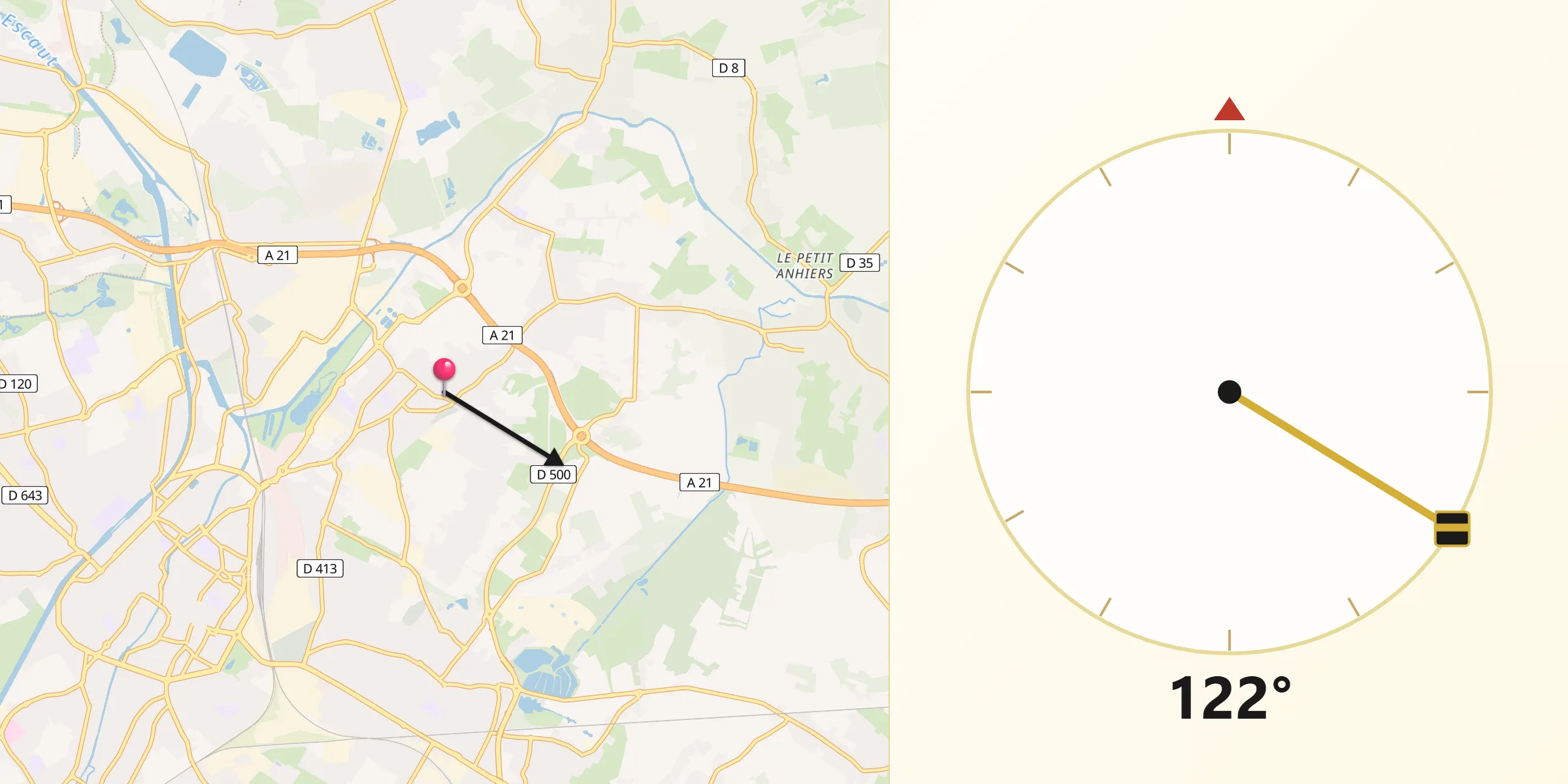 Direction vers la Qibla depuis Waziers