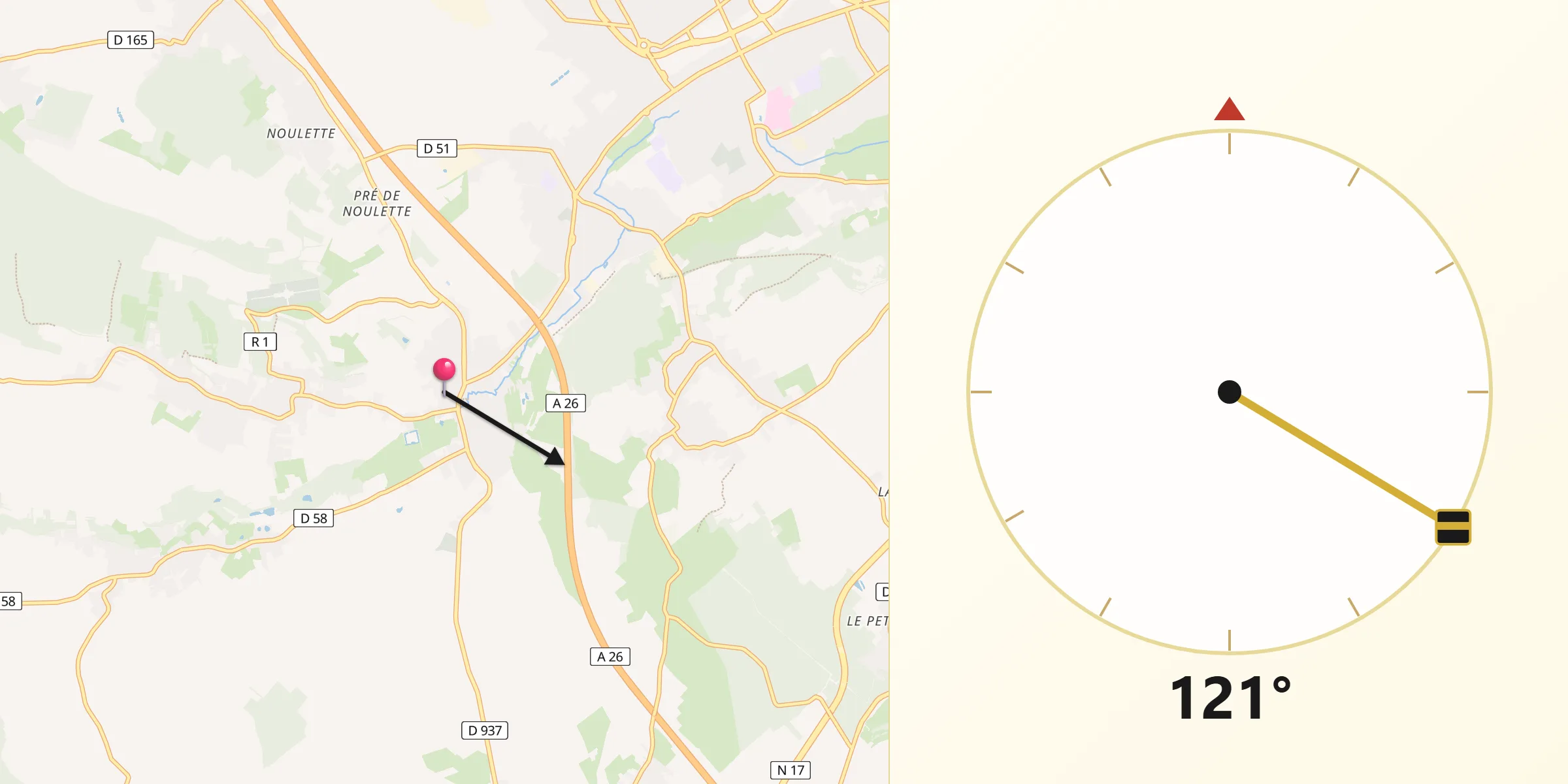 Direction vers la Qibla depuis Souchez