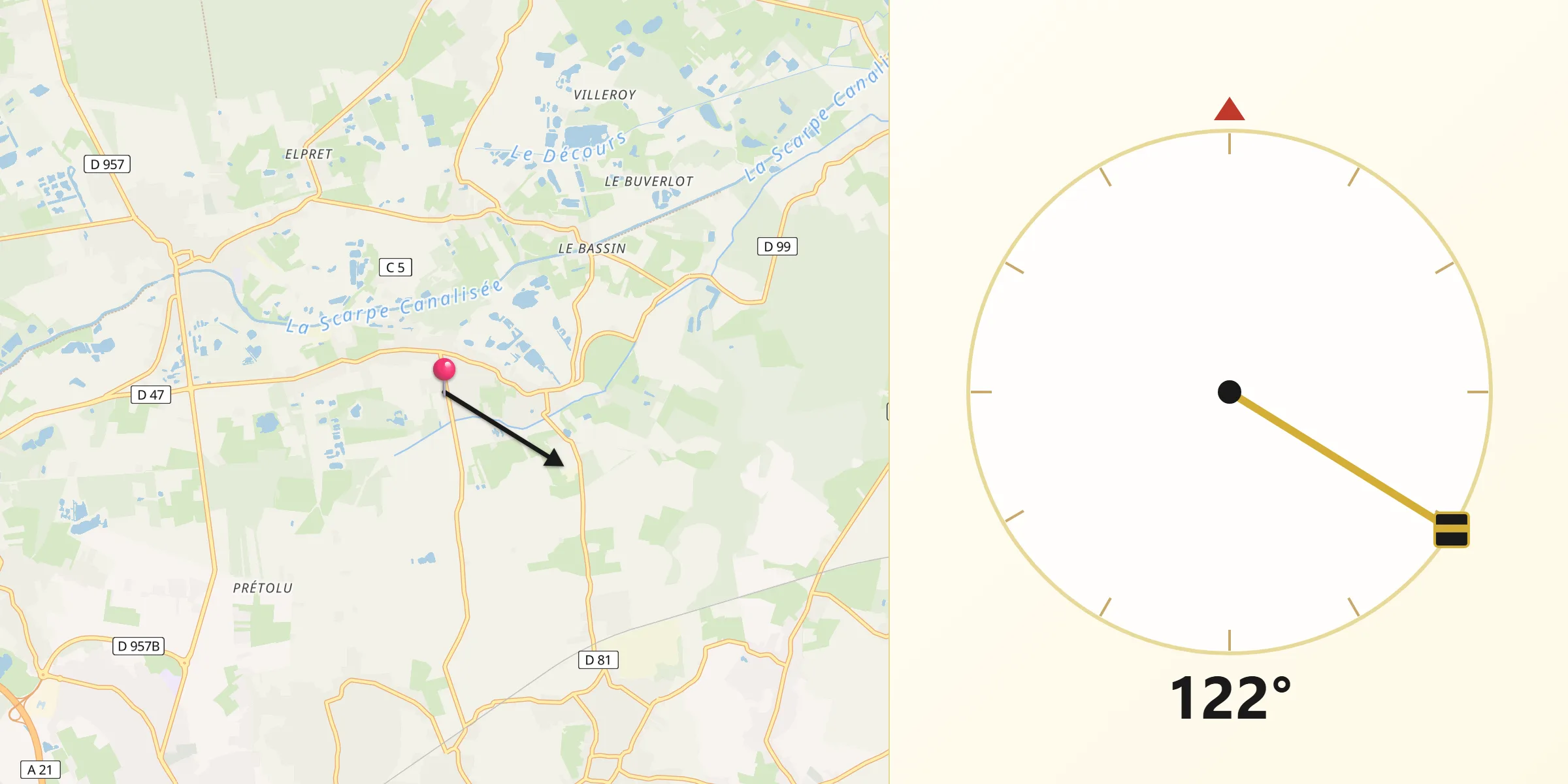 Direction vers la Qibla depuis Wandignies-Hamage