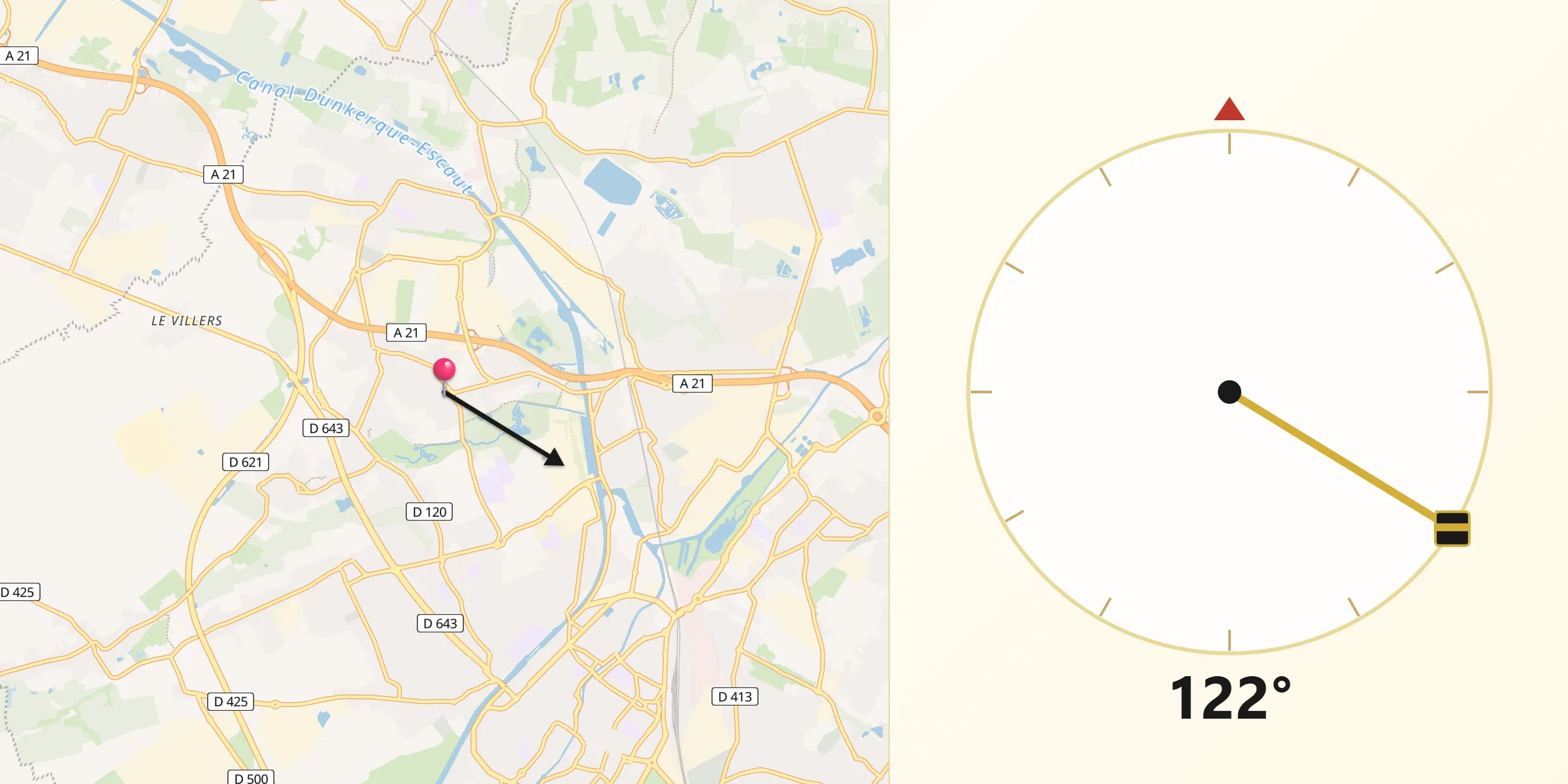 Direction vers la Qibla depuis Flers-en-Escrebieux