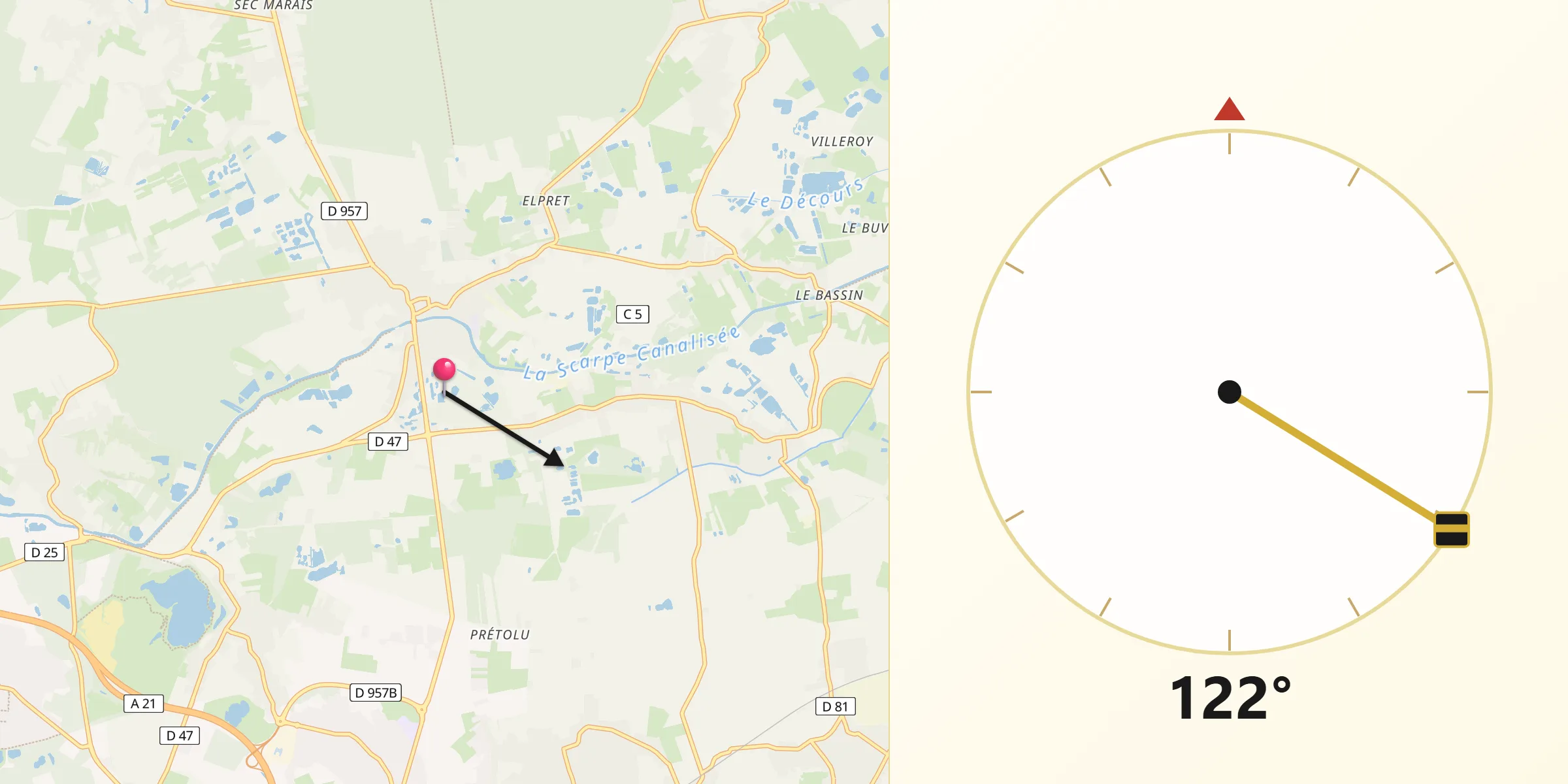 Direction vers la Qibla depuis Marchiennes