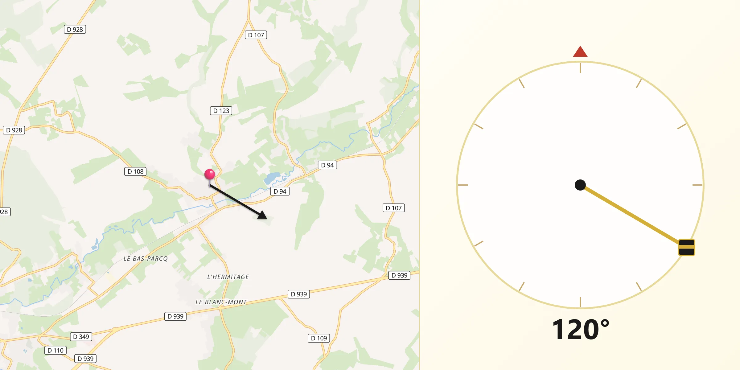 Direction vers la Qibla depuis Auchy-lès-Hesdin