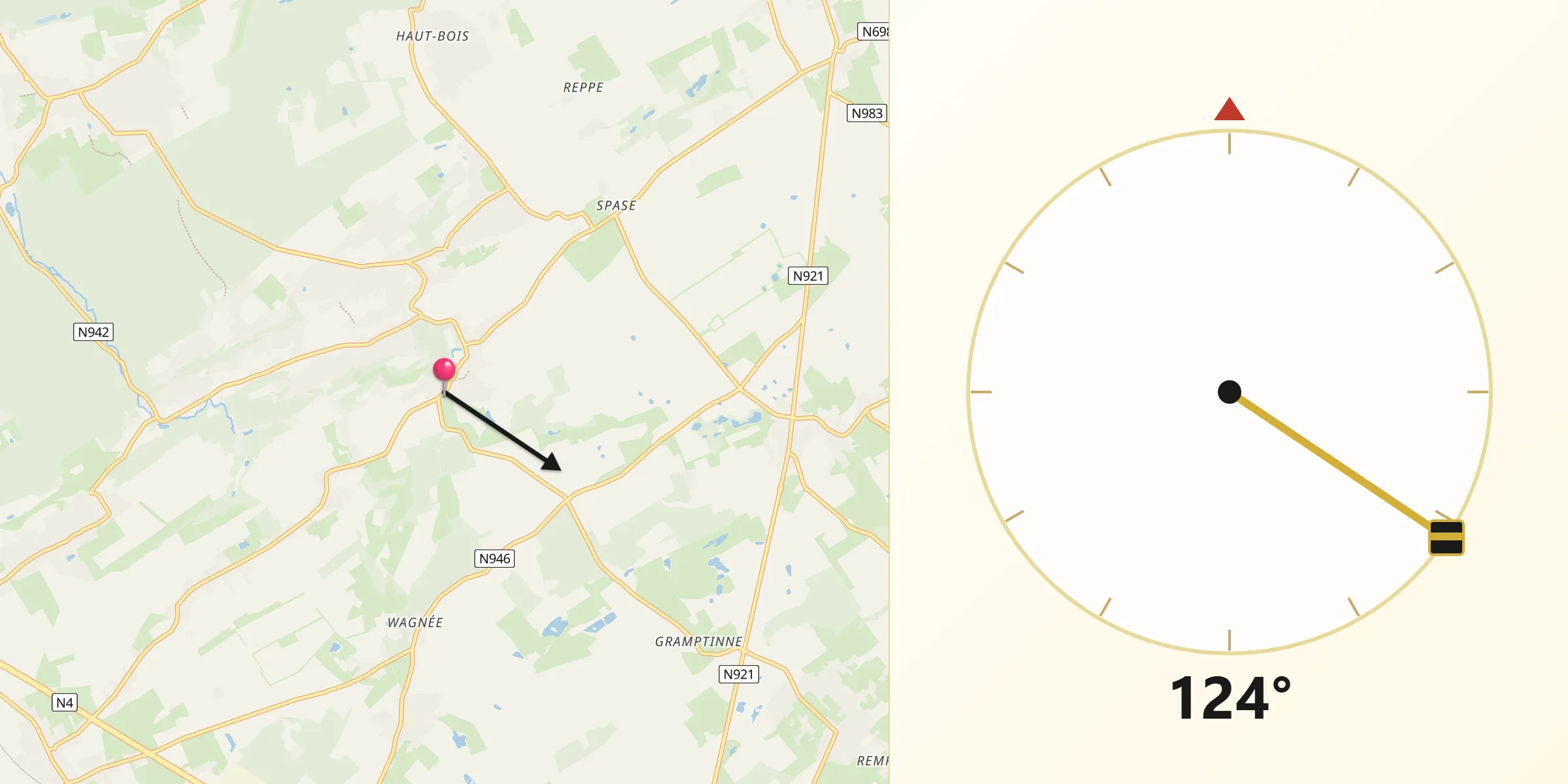 Direction vers la Qibla depuis Gesves