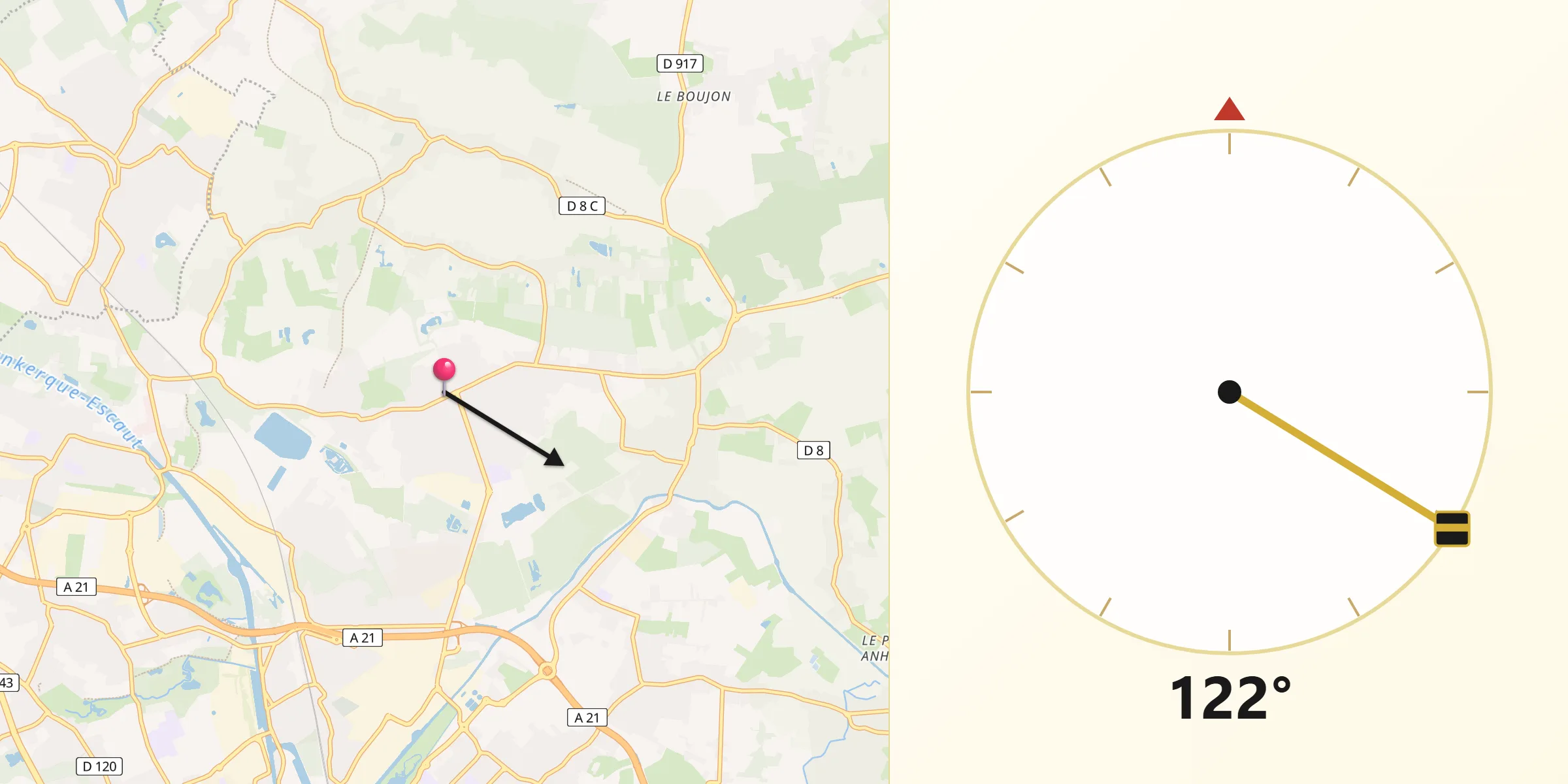 Direction vers la Qibla depuis Roost-Warendin