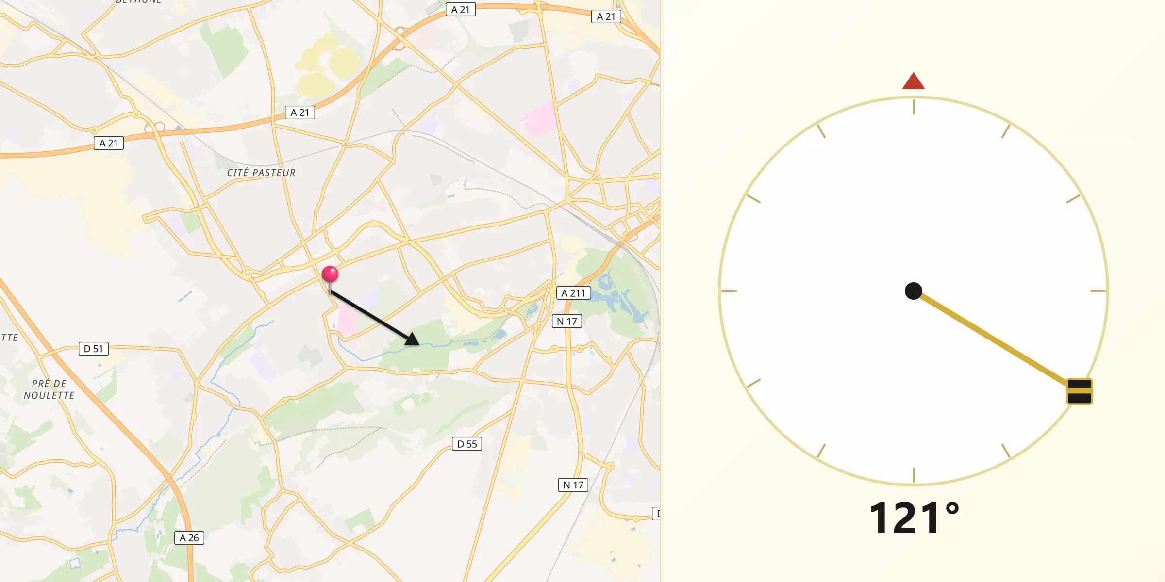 Direction vers la Qibla depuis Liévin