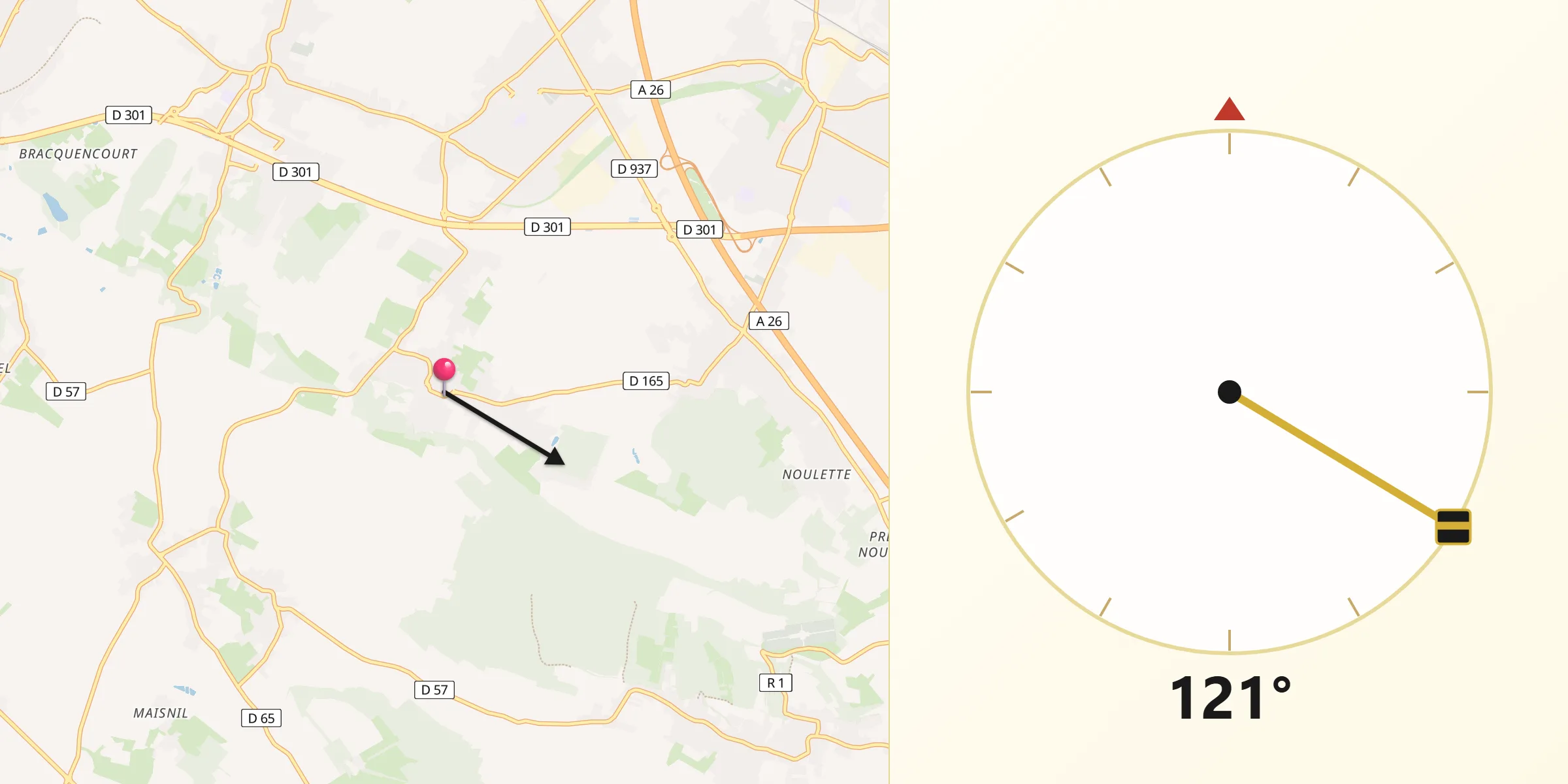 Direction vers la Qibla depuis Bouvigny-Boyeffles