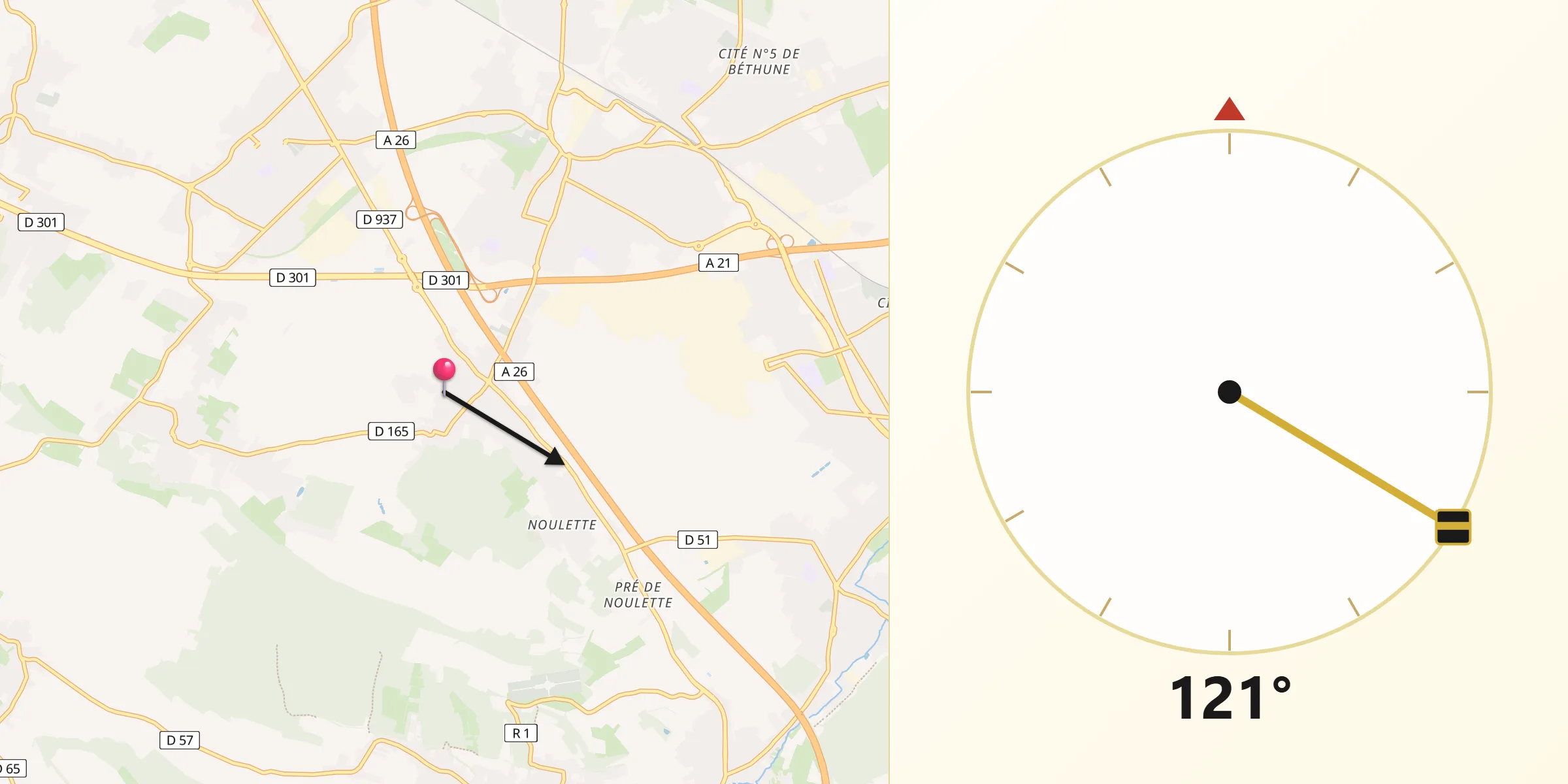 Direction vers la Qibla depuis Aix-Noulette