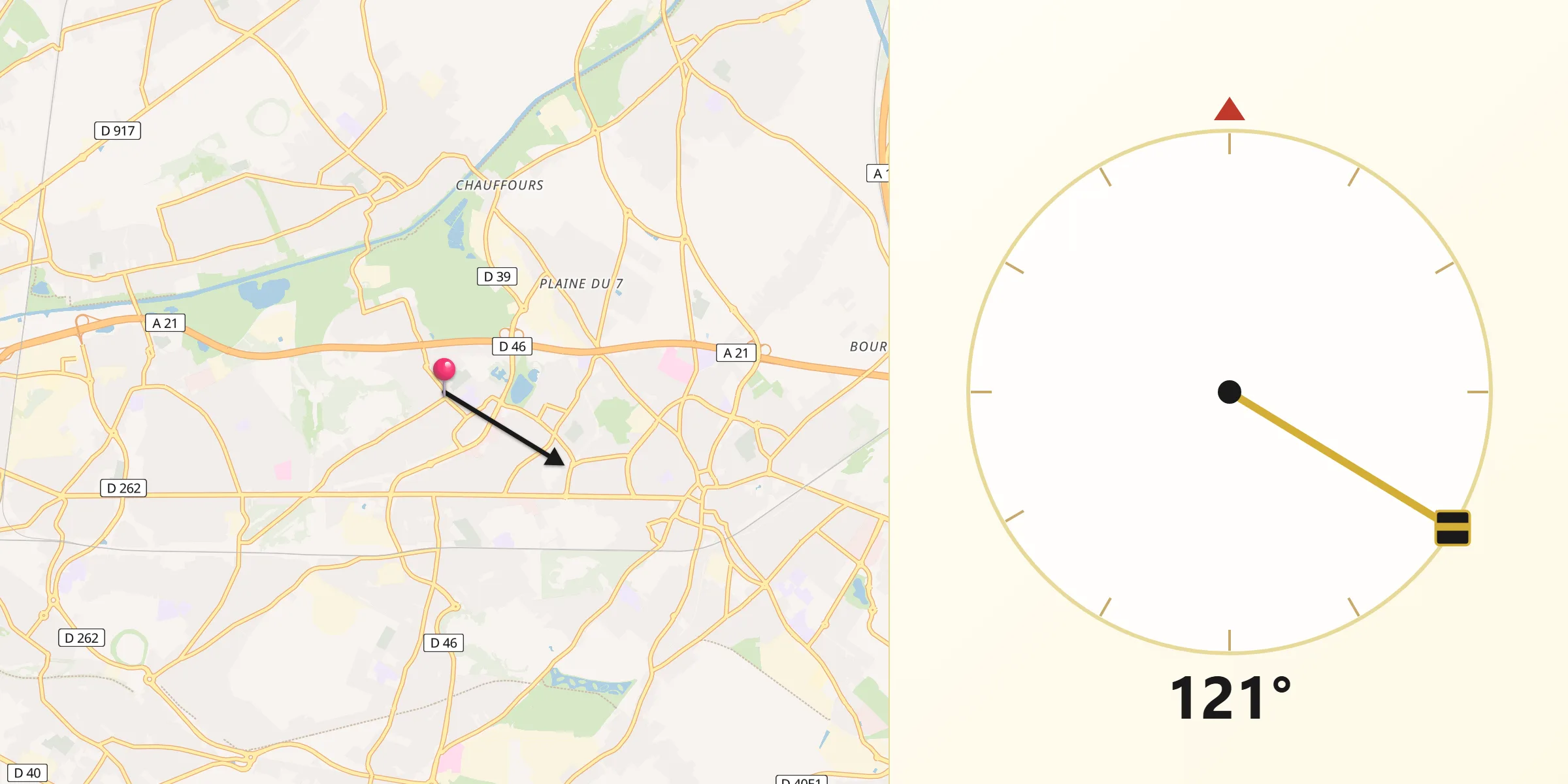 Direction vers la Qibla depuis Fouquières-lès-Lens