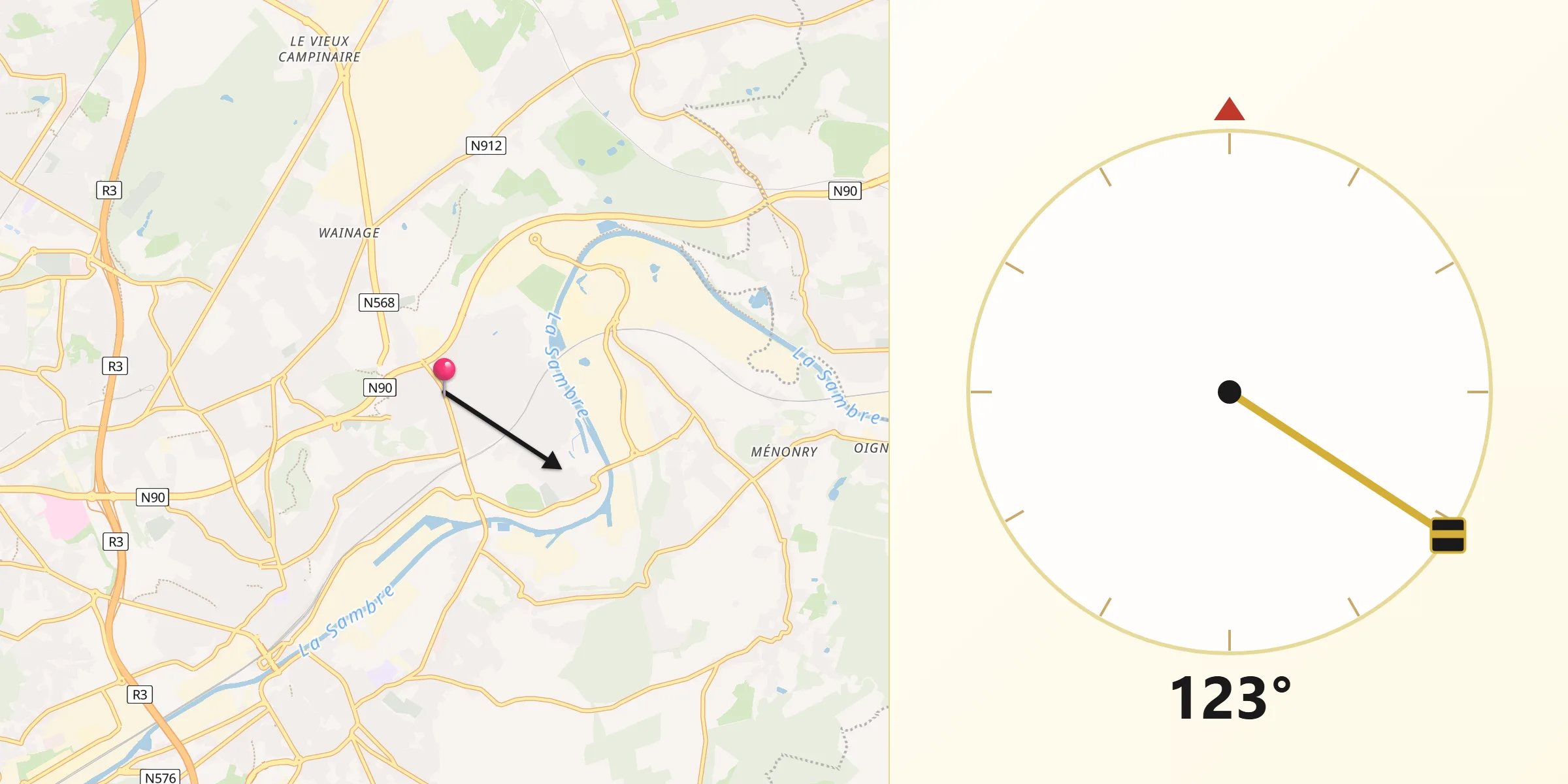 Direction vers la Qibla depuis Farciennes