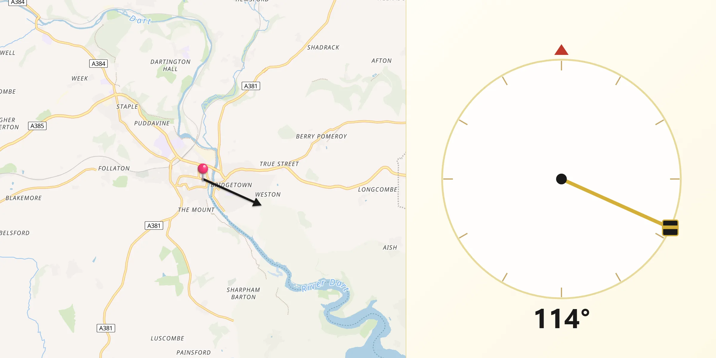 Qibla Direction from Totnes