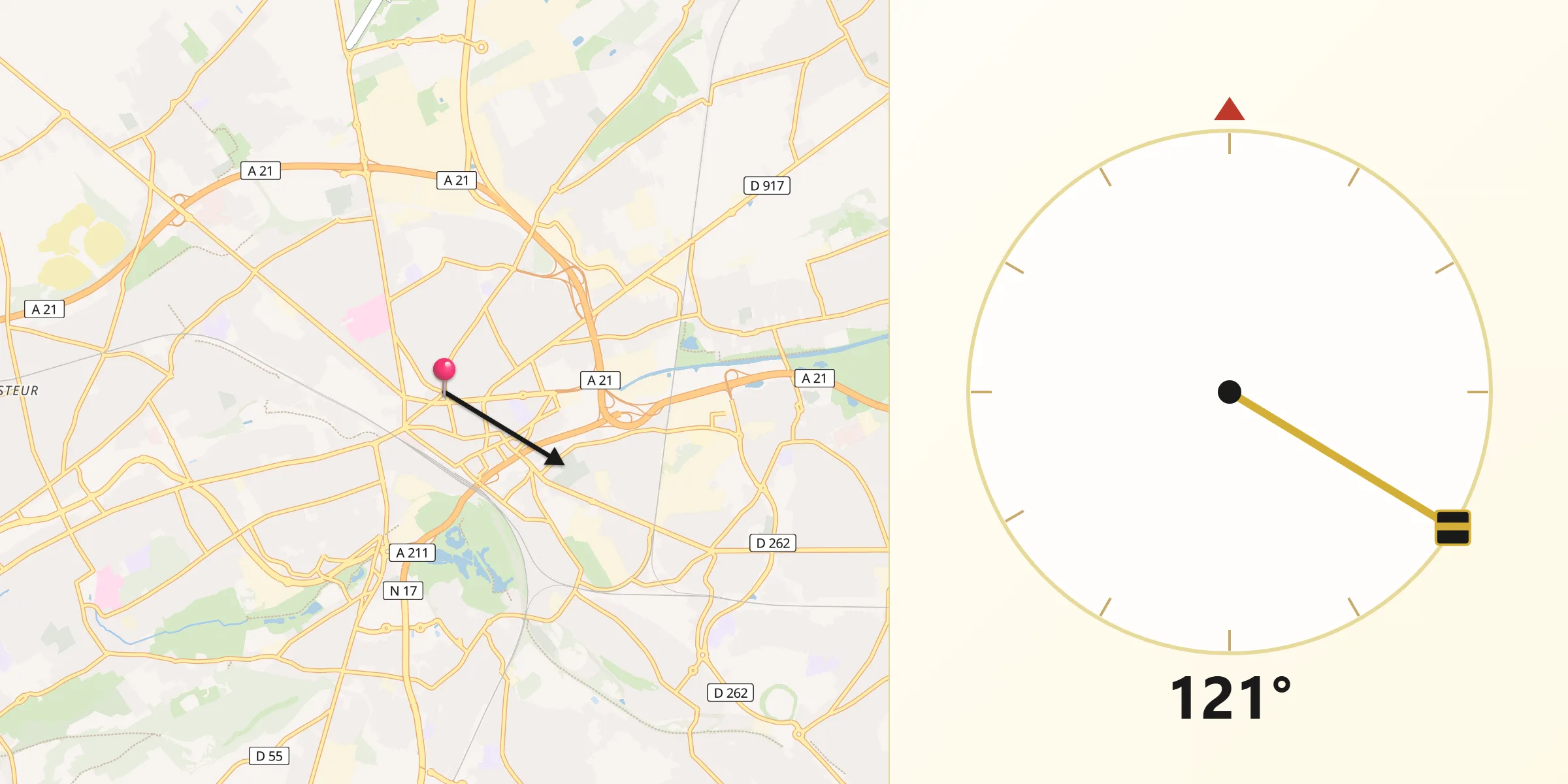 Direction vers la Qibla depuis Lens