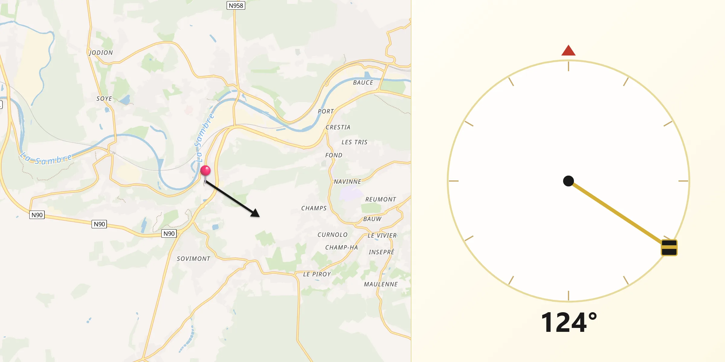 Direction vers la Qibla depuis Floreffe